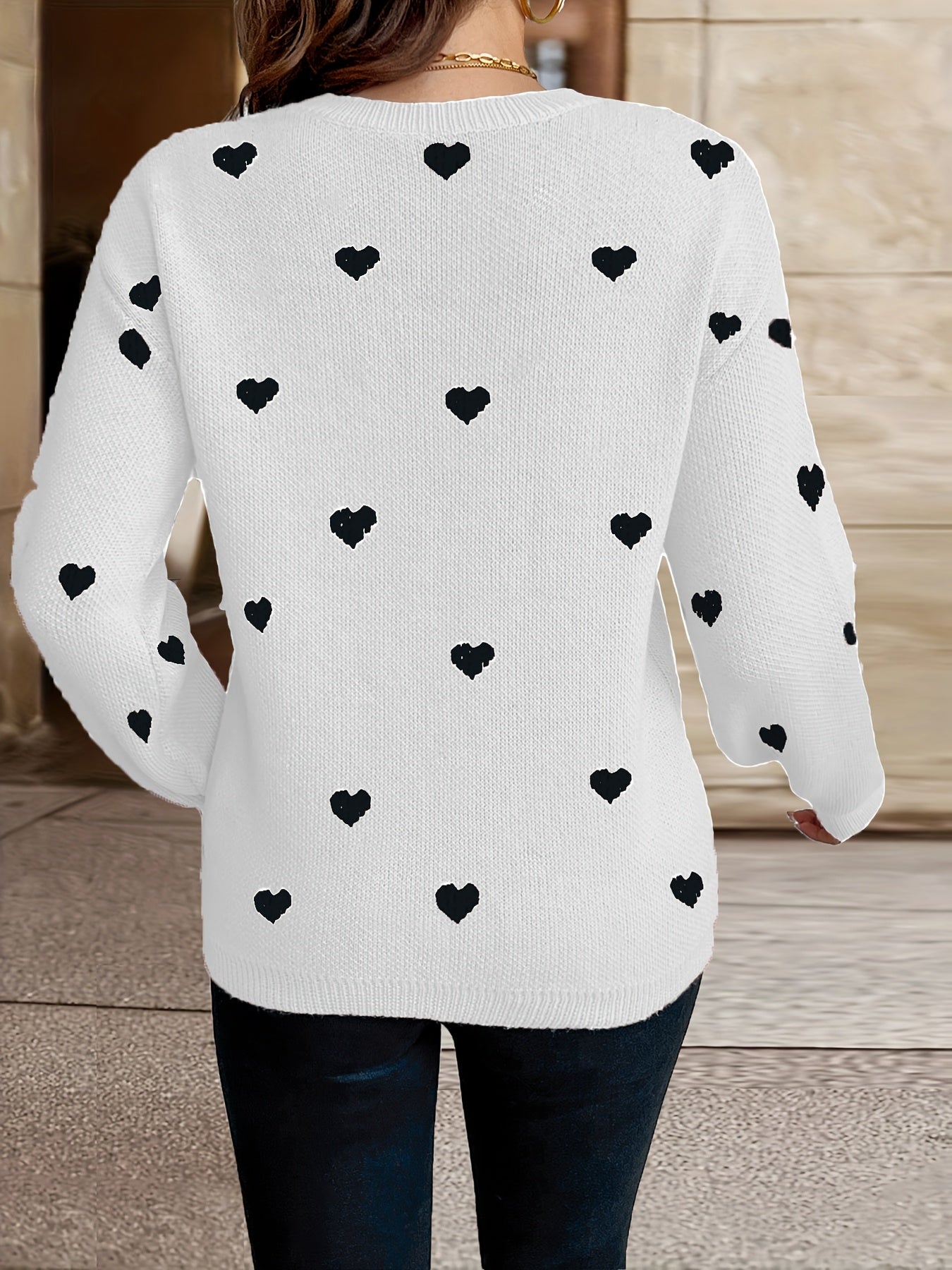 Valentine’s Romance: Chic Heart Pattern Crew Neck Knit Sweater – Cozy, Durable Women’s Winter Pullover