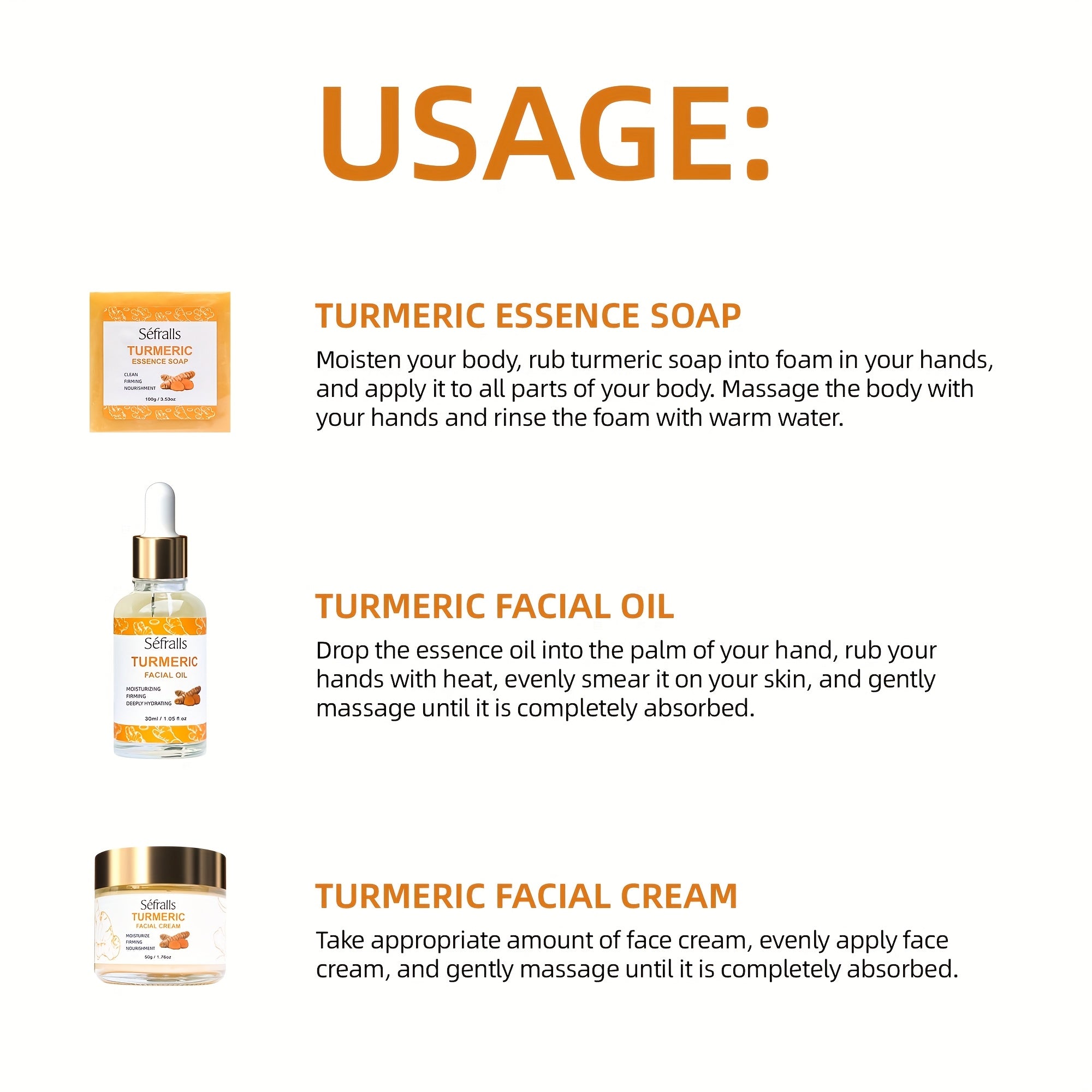 Séfralls Turmeric 3pcs/Set (TURMERIC FACIAL CREAM, TURMERIC ESSENCE SOAP, TURMERIC FACIAL OIL) Plant Extract Cleaning And Moisturizing Skin Care Set Natural Ingredients Mild And Non Irritating Cleaning Hand Soap Moisturizing