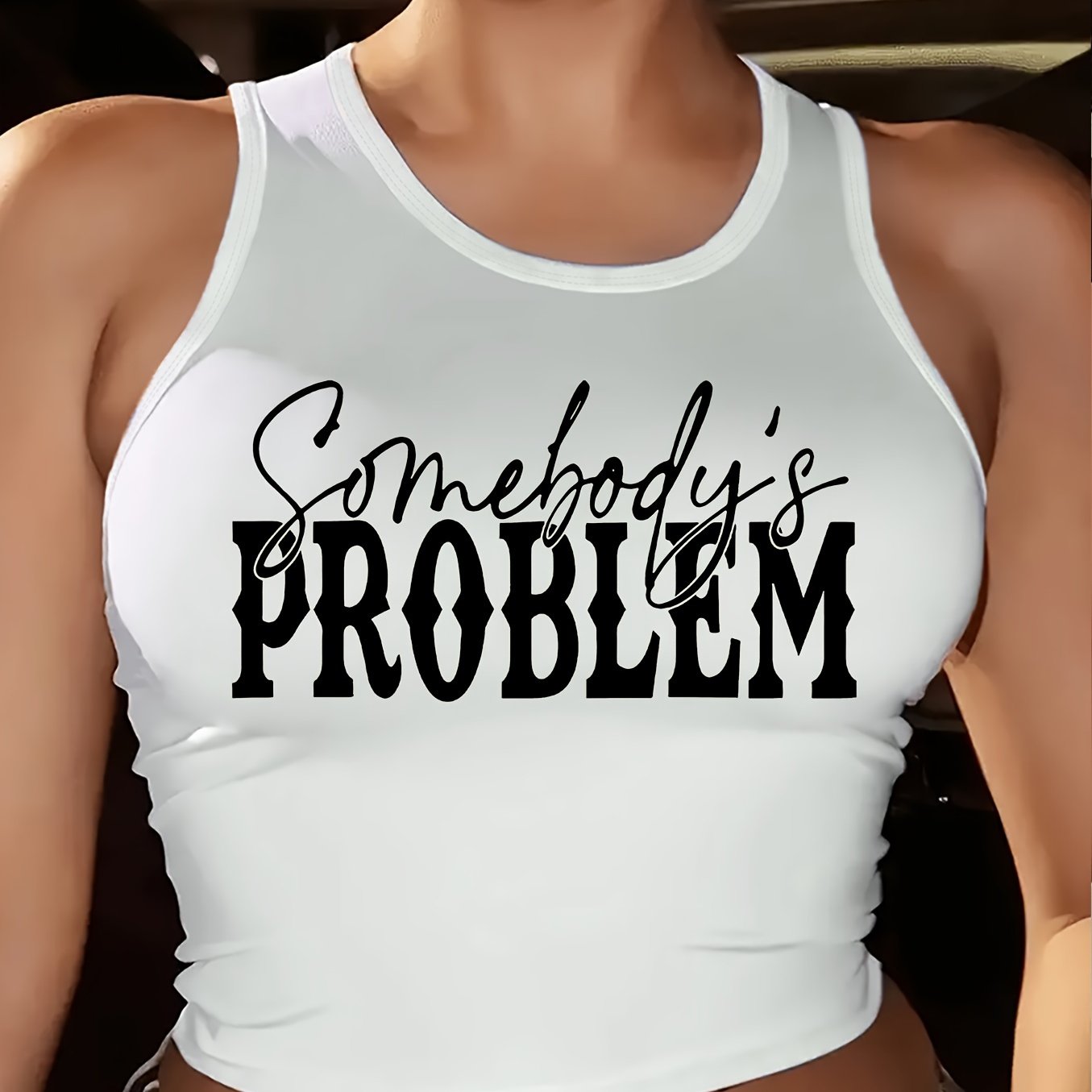 Women'S Casual "Somebody'S Problem" Letter Print Tank Top, Short Sleeve Crew Neck Knit Polyester T-Shirt for All Seasons, 95% Polyester 5% Elastane, Lightweight 210g/m² Fabric