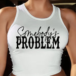 Women'S Casual "Somebody'S Problem" Letter Print Tank Top, Short Sleeve Crew Neck Knit Polyester T-Shirt for All Seasons, 95% Polyester 5% Elastane, Lightweight 210g/m² Fabric