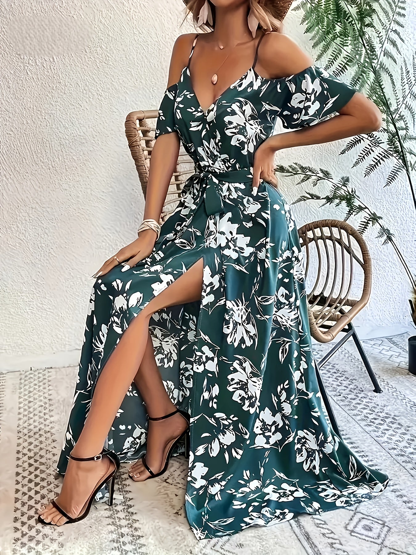 Women'S Elegant Off-Shoulder Floral Print Maxi Dress with Lace-Up Detail - Perfect for All Seasons, Adult, Casual to Formal Wear, Casual Dressing | Floral Print Dress | Laceup Detail, Floral Maxi Dress