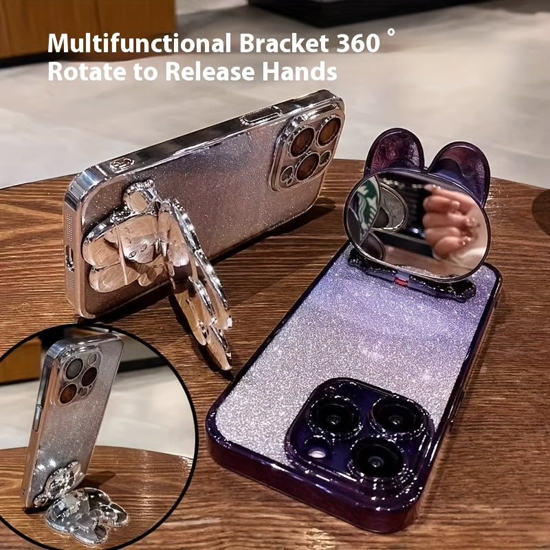 New Luxury Diamond-Inlaid Sparkling Invisible Makeup Mirror Mobile Phone Holder with Lens Protection, Cute Rabbit Holder Mobile Phone Case, Suitable for iPhone11/12/13/14/15/16 Pro Max/plus Mobile Phone Case Luxury Halloween-