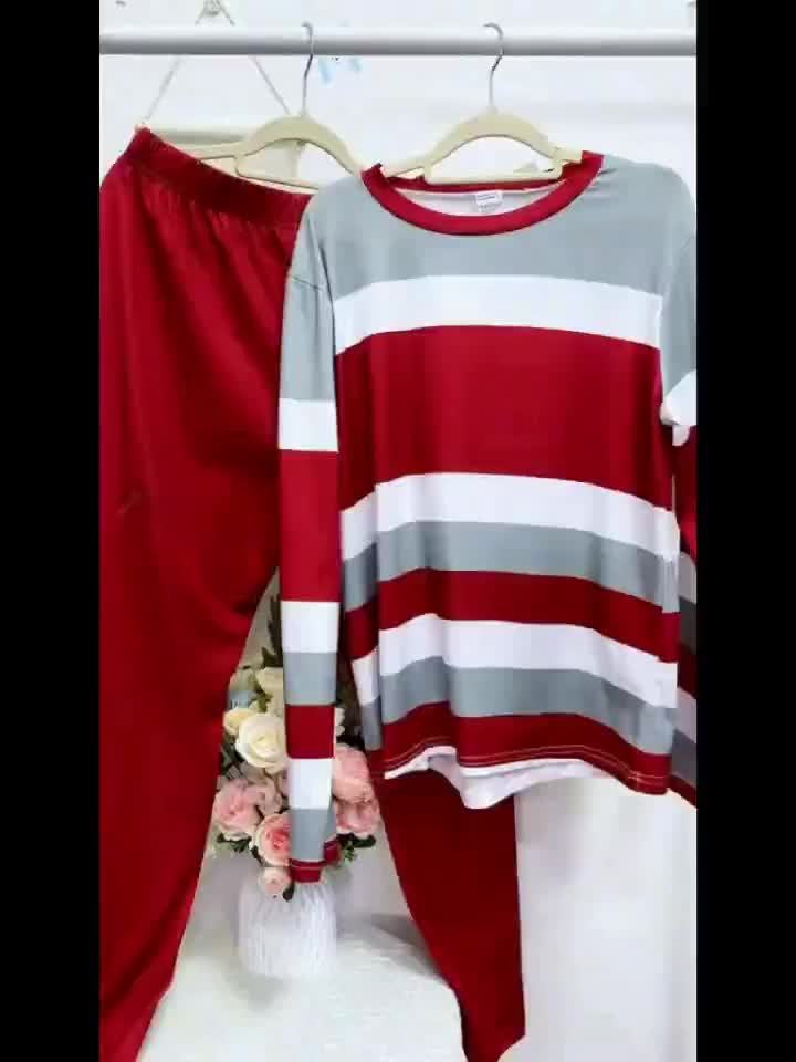 Slim Matching Two-piece Set, Casual Long Sleeve Crew Neck Striped Color Block T-shirt & Solid Elastic Waist Pants Outfits, Women's Clothing