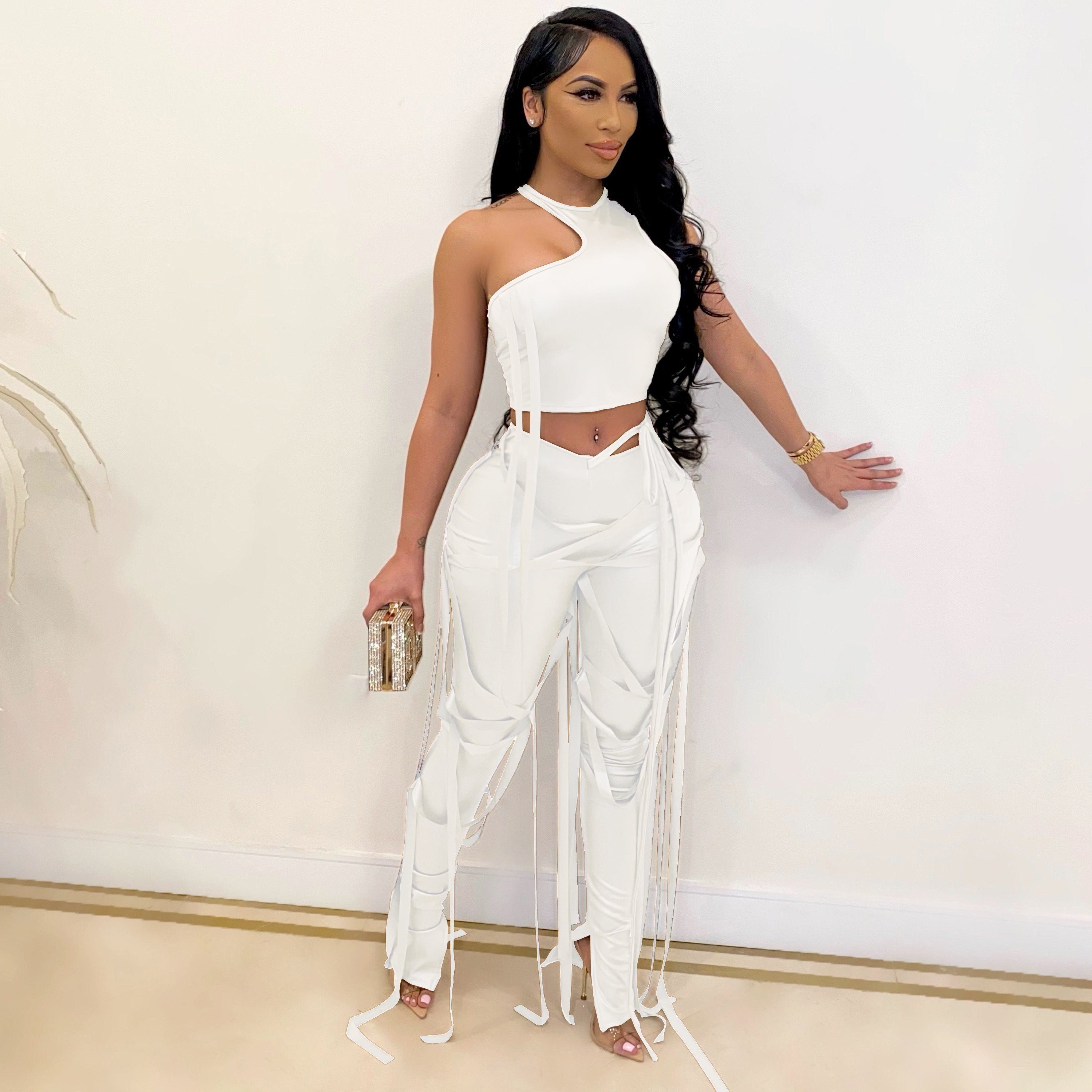 Chic Solid Two-piece Outfit Set - Trendy Asymmetrical Sleeveless Top & Slim-Fit Pants - Flattering Womens Wardrobe Essential