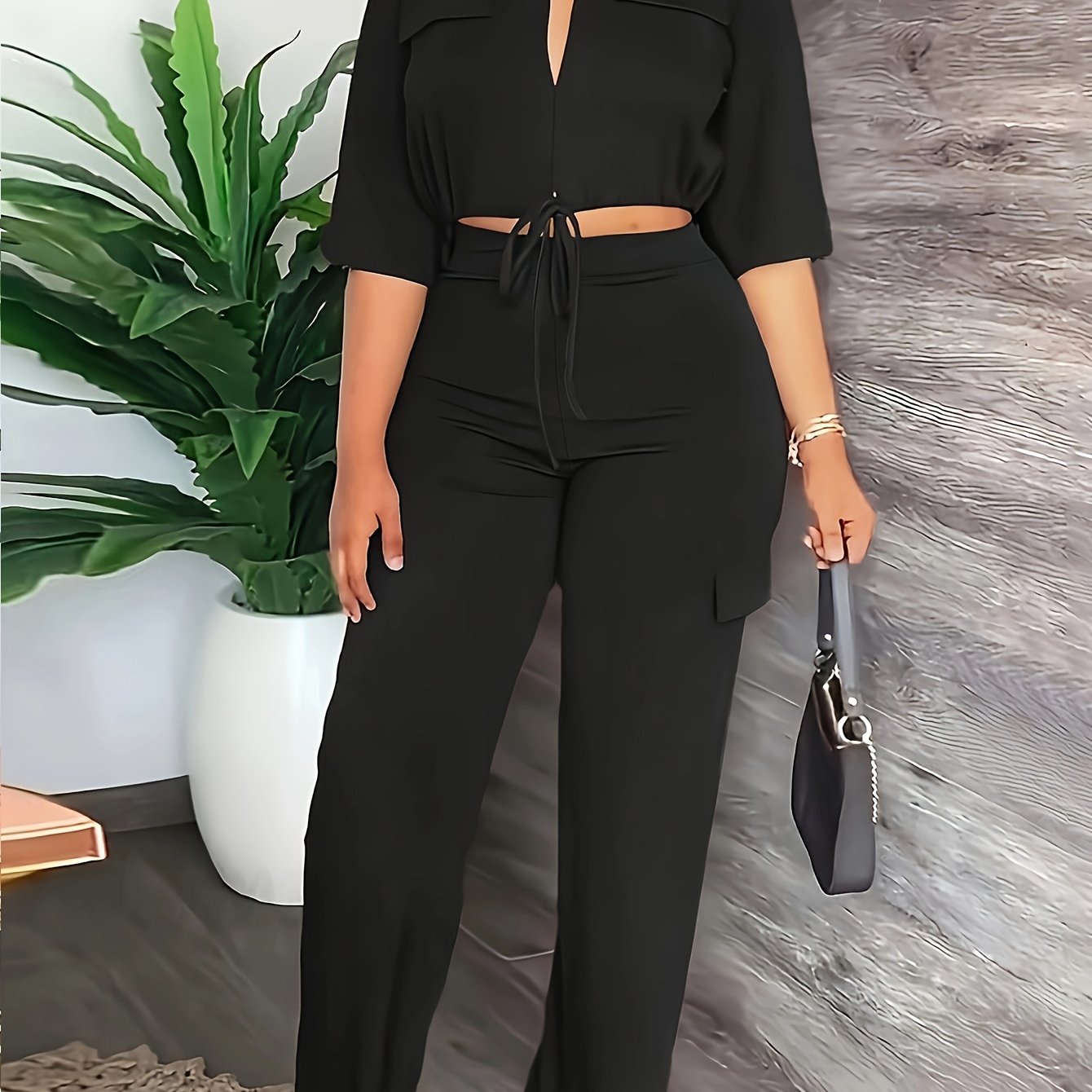 [Elegant Women's Outfit] Elegant Women's Outfit - High-Waisted Straight-Leg Pants with Drawstring Hem - Allseason Outfit, Glossy Fabric, European And American Style