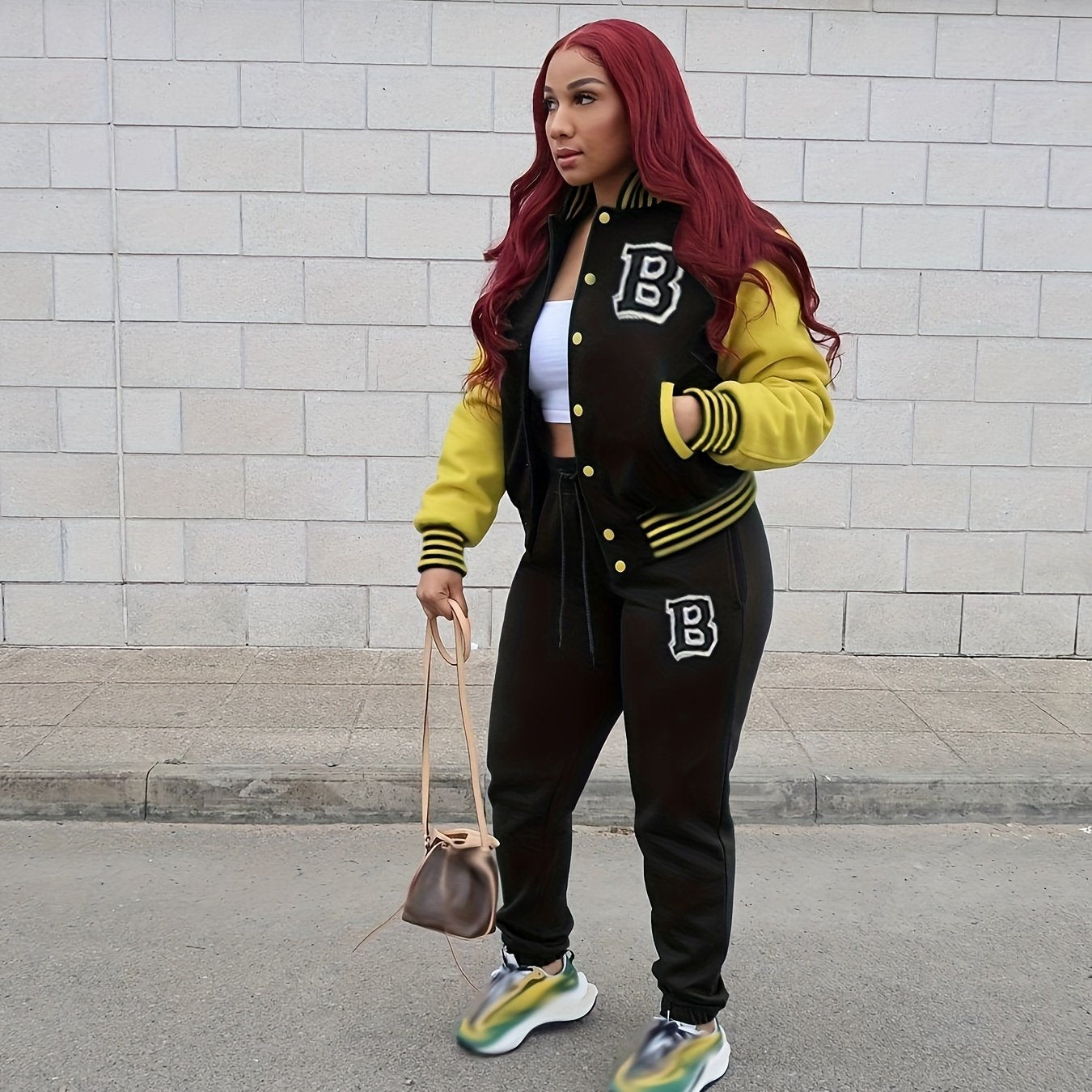 Two-piece Set, Button Front Varsity Jacket & Drawstring Jogger Pants Outfits, Letter Pattern Casual Women's Clothing