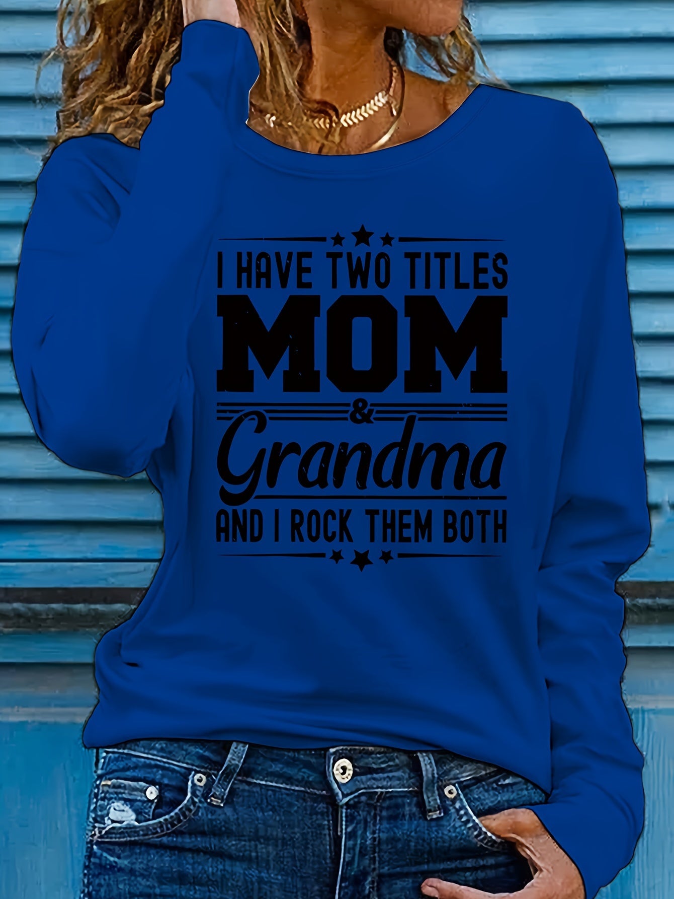Women'S Long Sleeve Crew Neck T-Shirt with "Mom & Grandma" Letter Print, Casual Polyester Top for All Seasons, Knit Fabric with Medium Stretch, Regular Fit - Applique Detail