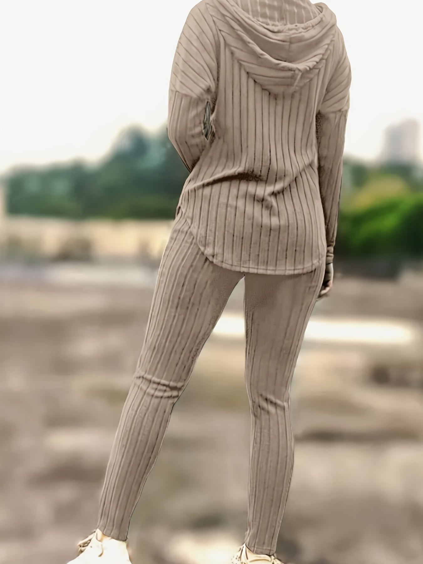 Ribbed Casual Two-piece Set, Long Sleeve Drawstring Hoodie & Slim Pants Outfits, Women's Clothing