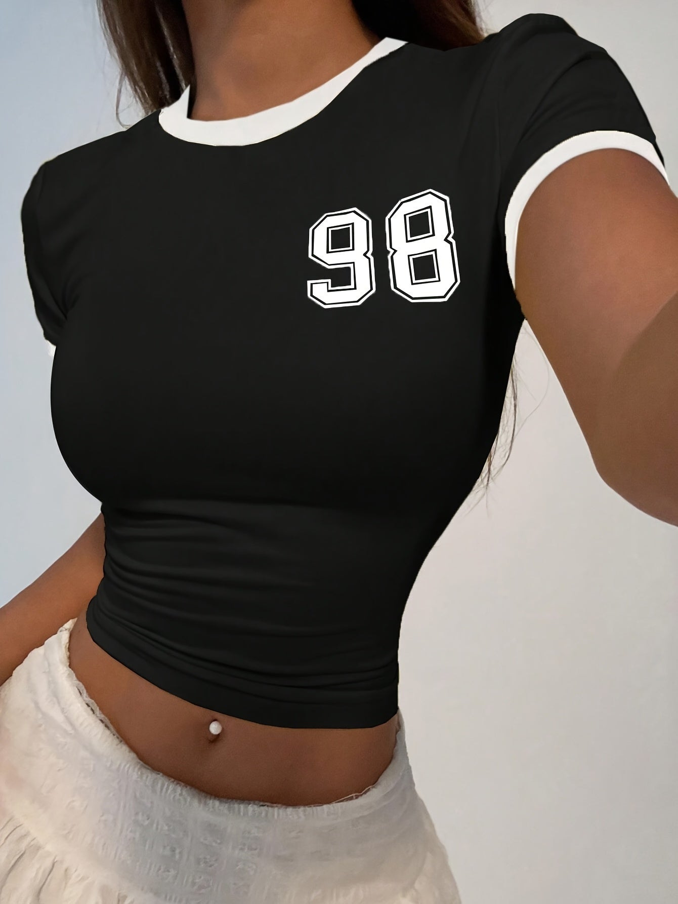 Women'S Casual Black T-Shirt with "98" Print - Short Sleeve, Round Neck, Soft & Stretchy Fabric, Perfect for Spring/Summer/Fall, Casual Attire|Bold Number Print|Medium Stretch Fabric, Ladies T Shirts