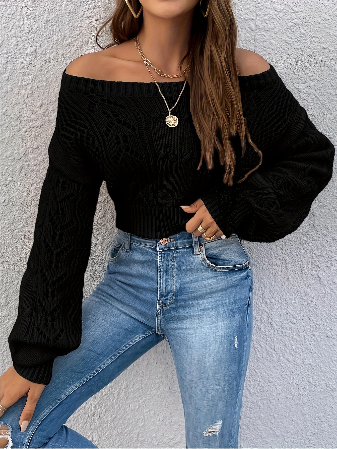 [Off-shoulder Pointelle Knit Sweater] Pointelle Knit Off-shoulder Crop Sweater, Casual Long Sleeve Sweater For Spring & Fall, Women's Clothing