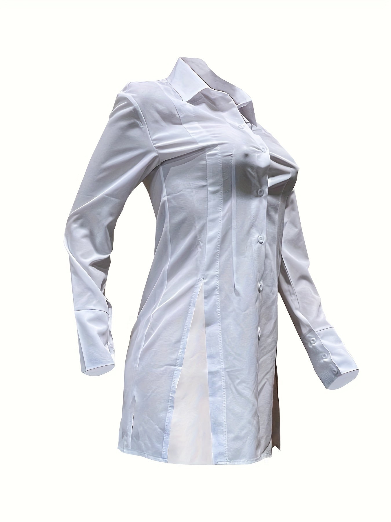 Women V Neck Button Down Shirt Dress Side Slit Long Sleeve Sexy Casual White Blouse Tops