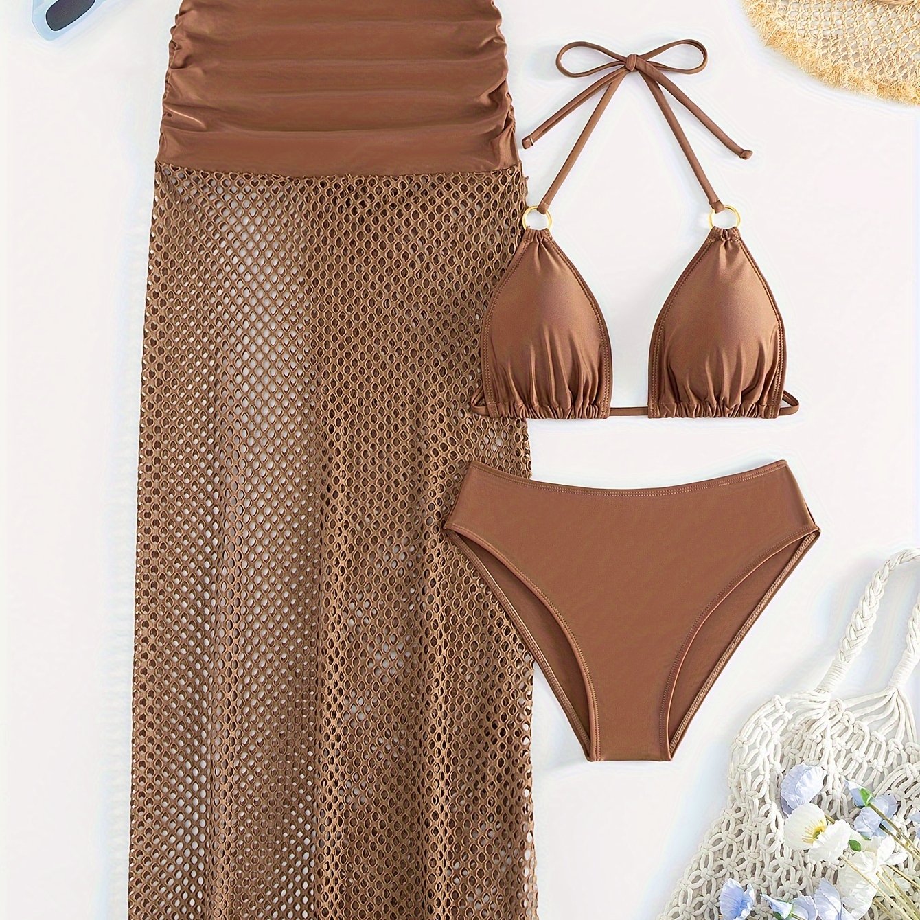 Chic Women's 3pcs Summer Beach Set: Sexy Halter Neck Bikini with High-Waisted Bottoms & Sheer Mesh Cover-Up Skirt - Stretchy Polyester/Spandex Blend, Machine Washable