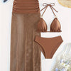 Chic Women's 3pcs Summer Beach Set: Sexy Halter Neck Bikini with High-Waisted Bottoms & Sheer Mesh Cover-Up Skirt - Stretchy Polyester/Spandex Blend, Machine Washable