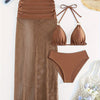 Chic Women's 3pcs Summer Beach Set: Sexy Halter Neck Bikini with High-Waisted Bottoms & Sheer Mesh Cover-Up Skirt - Stretchy Polyester/Spandex Blend, Machine Washable