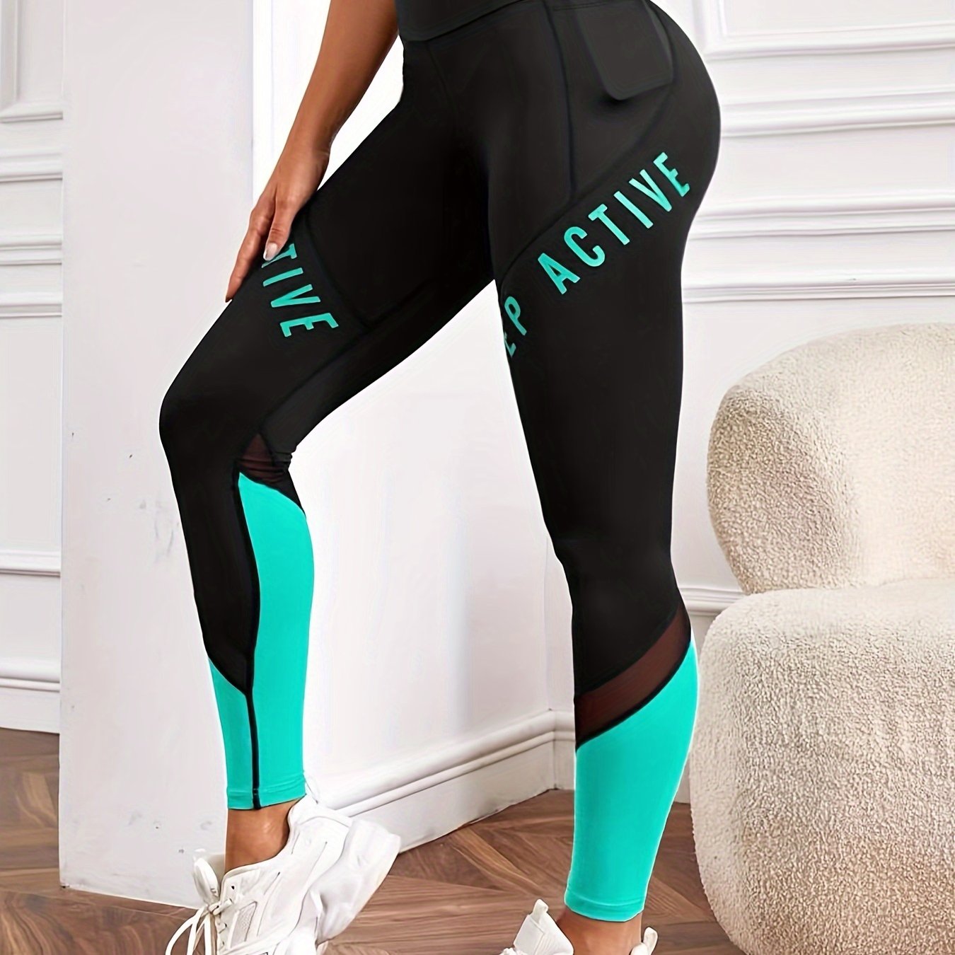 Casual Women'S Color-Blocked Mesh Patchwork Letter Print Pocket Comfortable Elastic Waist Versatile Tight Yoga Leggings.