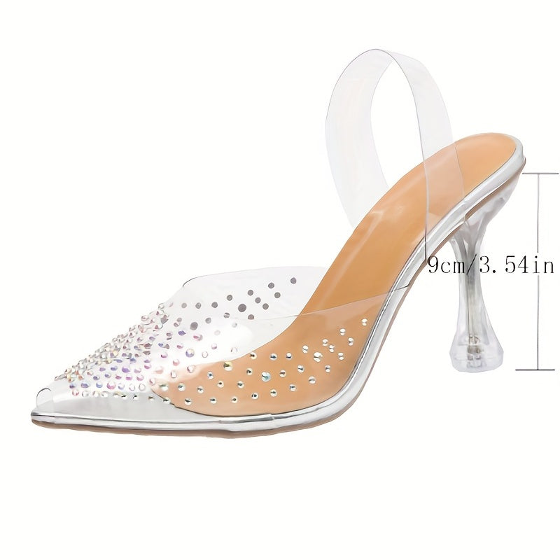 Women's Rhinestone Strappy Stiletto Heels, Transparent Dress Sandals, Summer Point Toe Pumps