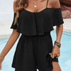 Women's Navy Blue Ruffle Romper - Off-Shoulder Layered Design, Elastic Waist Shorts, Machine Washable, Summer Casual Jumpsuit for Adults, Summer Casual Wear | Offshoulder Romper | Nontransparent Material