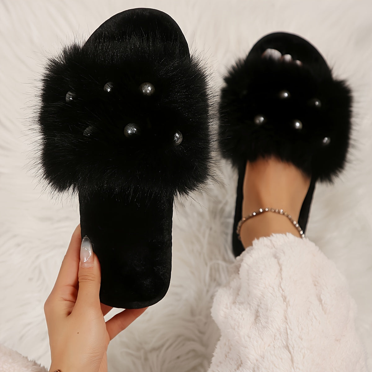 Fuzzy Faux Pearl Home Slippers, Soft Sole Plush Lined Indoor Shoes, Non-slip Floor Mute Slippers, Winter & Autumn