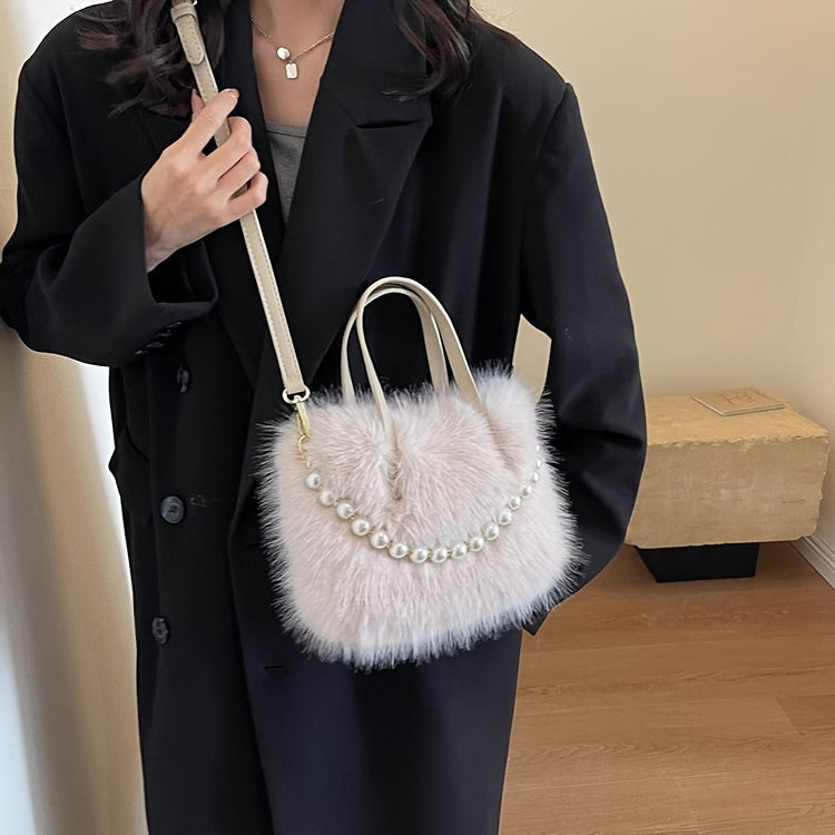 Chic Faux Fur Crossbody Bag with Pearl Accents - Soft Plush Shoulder Purse for Women, Available in Pink, Khaki, Coffee, White, Black