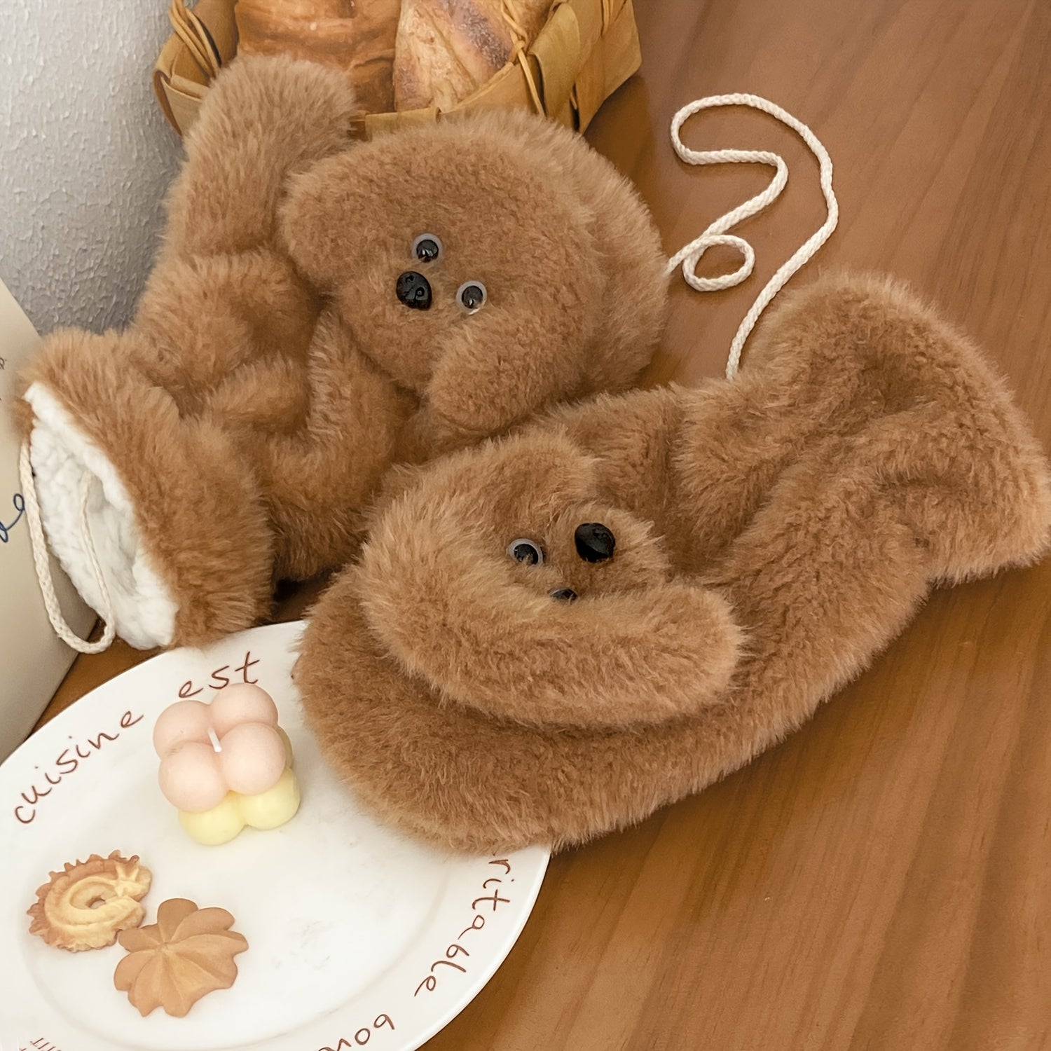 Teddy Dog Plush Mittens, Cute Animal Pattern Polyester Gloves, Inelastic, Decorative & Windproof, with Hand Wash/Dry Clean, for Casual Weekend Wear, Warmth & Style, Unique Valentine'S Gift