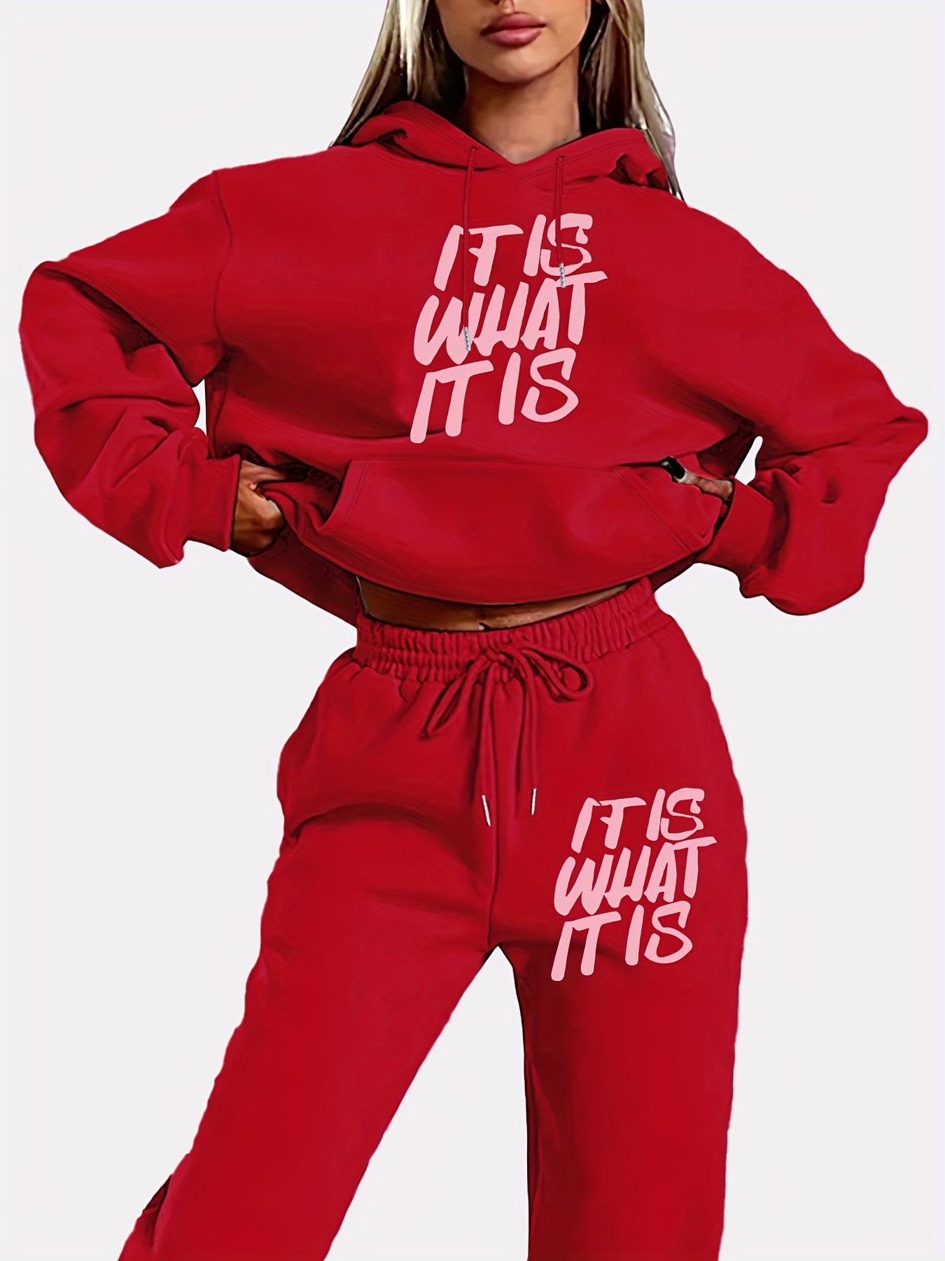 [Geometric Print Hoodie Set] Long Sleeve Geometric Print Hoodie & Jogger Set - Polyester Blend, Machine Washable, Kangaroo Pocket - Women's Casual Fall/Winter