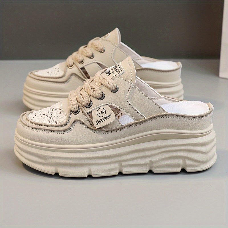 Comfortable Breathable Women's Platform Mule Sneakers, Casual Cutout Design Lace Up Summer Shoes