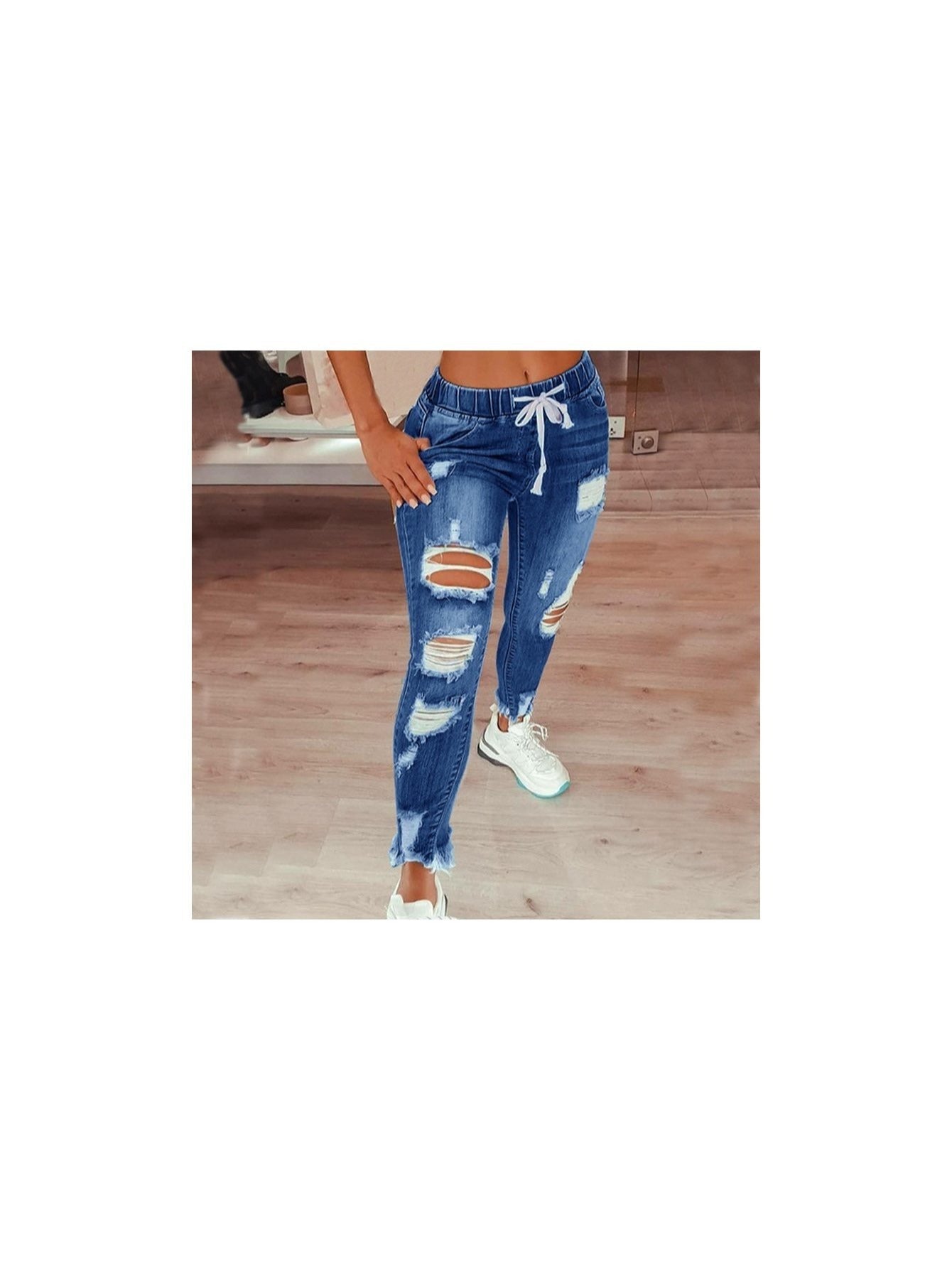 Europe and the United States ladies high waist retro college wind hole feet with elastic waist drawstring long jeans