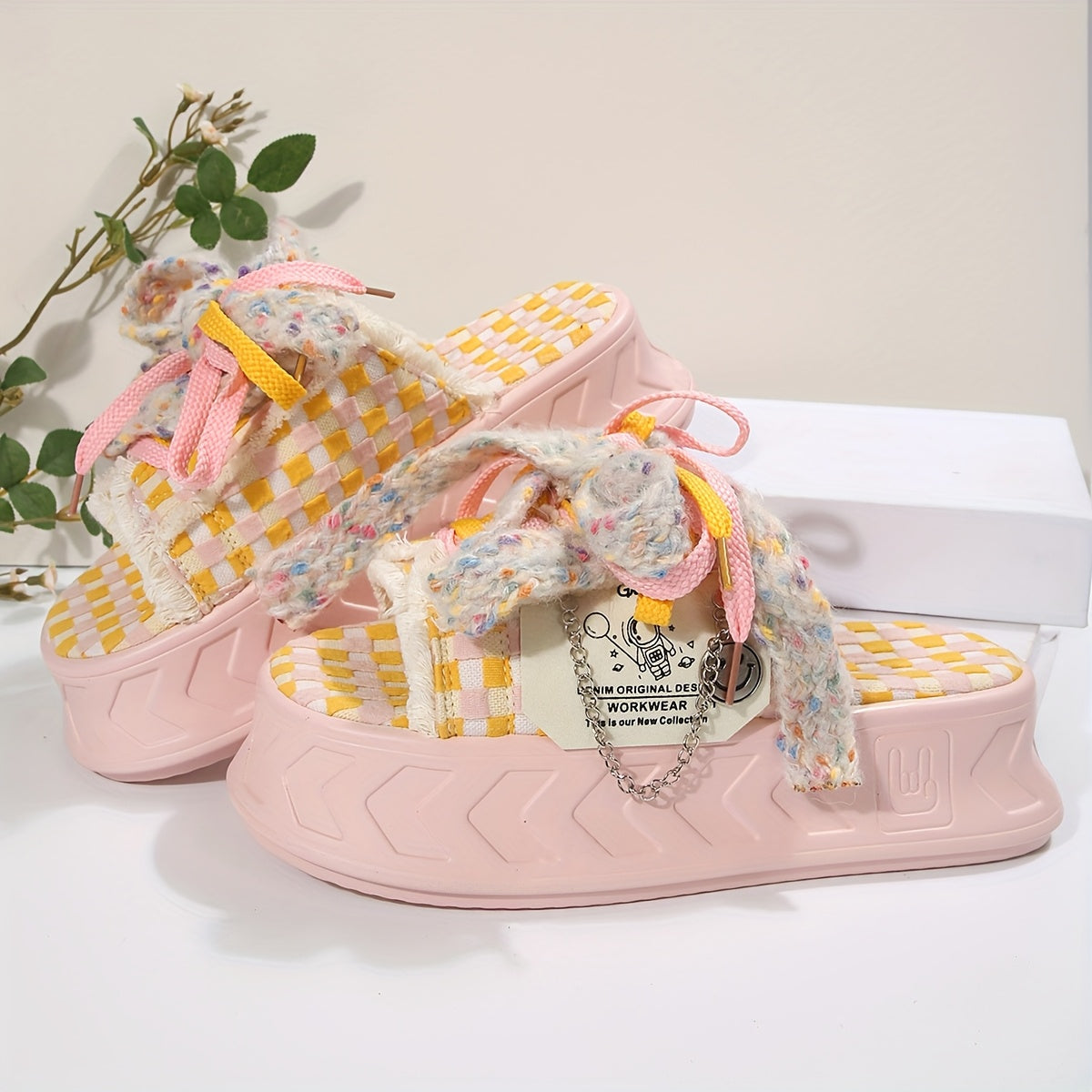 Women's Cute Thick Sole Slide Sandals - Spring/Summer 2025 Collection, Pastel Checkered Design with Bowknot, Open Toe, Fabric Upper & Rubber Sole, Comfortable Outdoor Wear, Casual Sandals | Bowknot Detail | Soft Strap Sandals