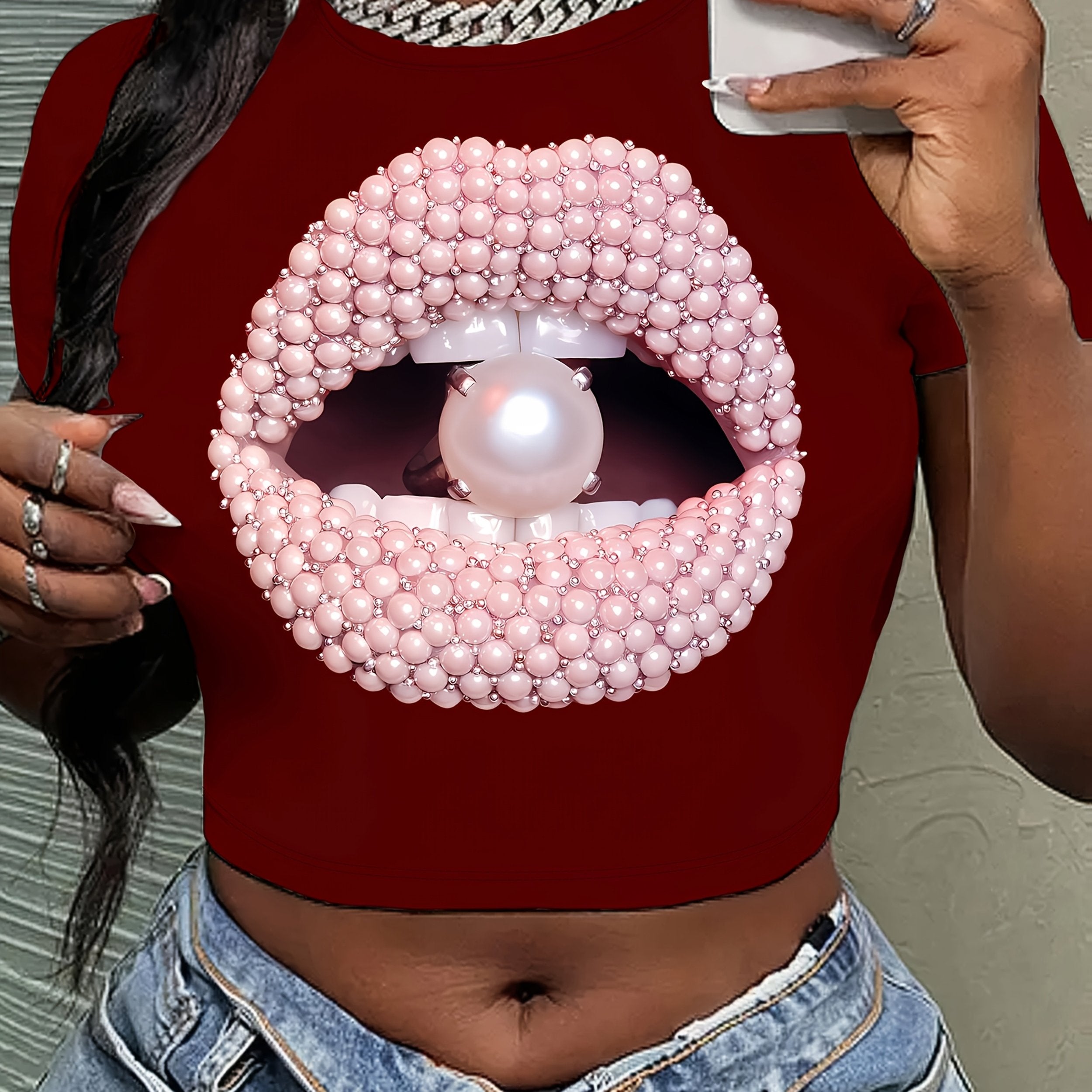 Y2K Short Sleeve Crew Neck Polyester Knit Fabric Medium Stretch T-Shirt, Regular Length, All Season, with Lips & Pearl Pattern, for Women