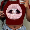 Y2K Short Sleeve Crew Neck Polyester Knit Fabric Medium Stretch T-Shirt, Regular Length, All Season, with Lips & Pearl Pattern, for Women