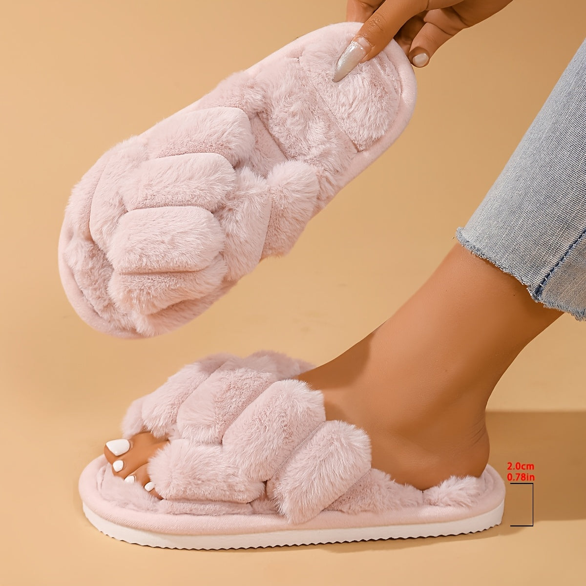 Women'S Seasonal Home Slippers, Stylish And Fluffy, Versatile Cross-Strap Design.