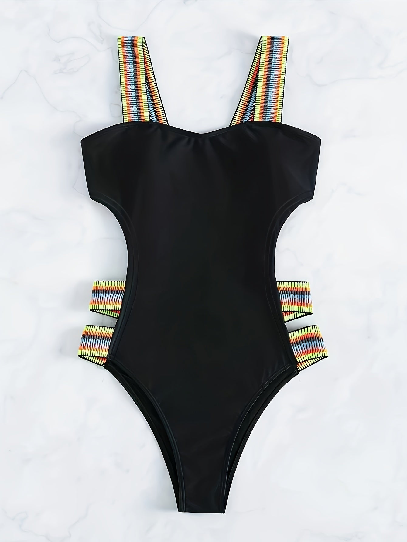 Fashionable Solid Color Swimsuits with Colorful Elastic Bands in Black And Blue, Specially Supplied for Cross-Border Trade.