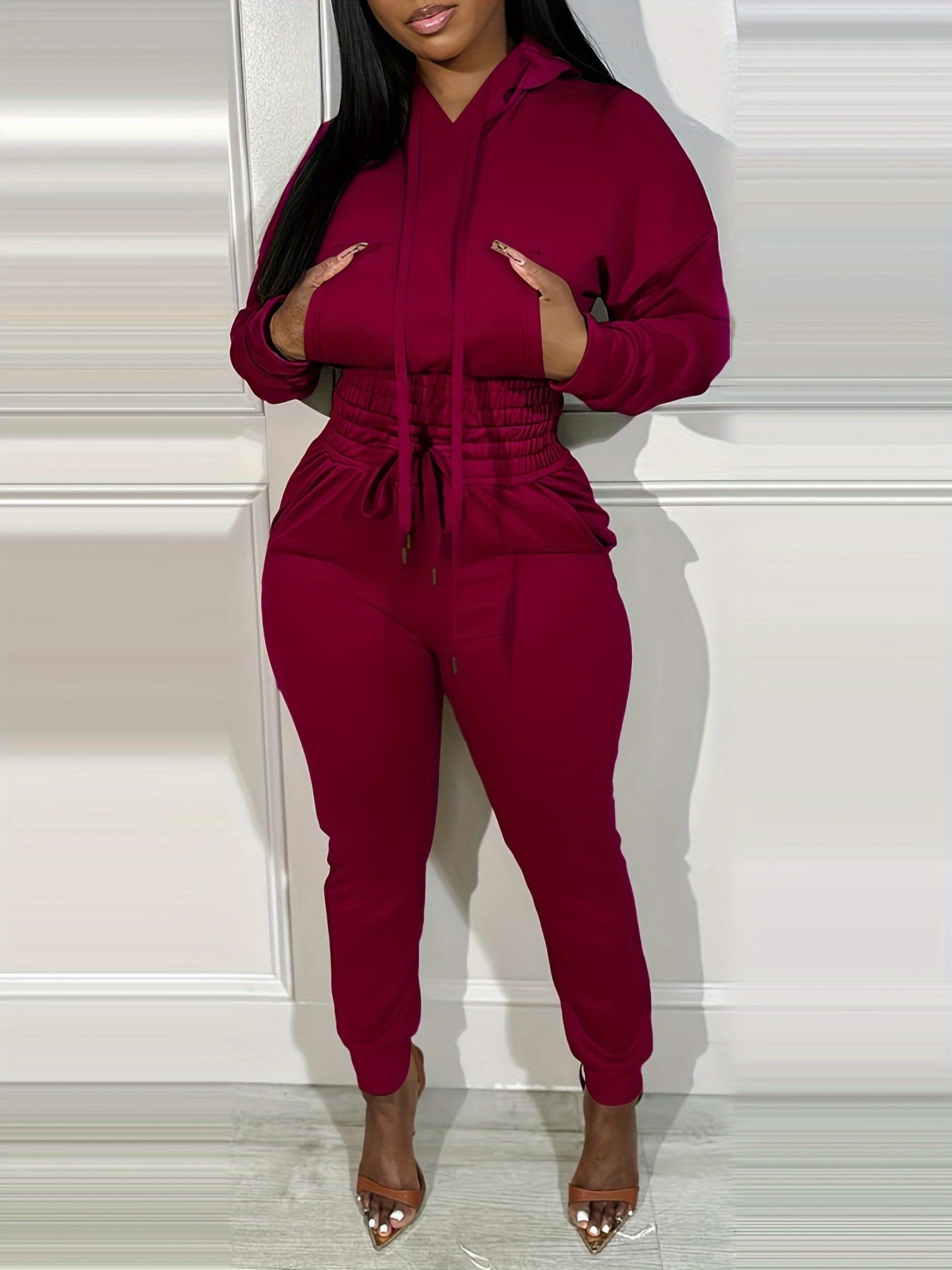 Two-piece Long Sleeve Kangaroo Pocket Drawstring Hoodie & High Waist Drawstring Jogger Pants, Casual Solid Color Women's Clothing Set