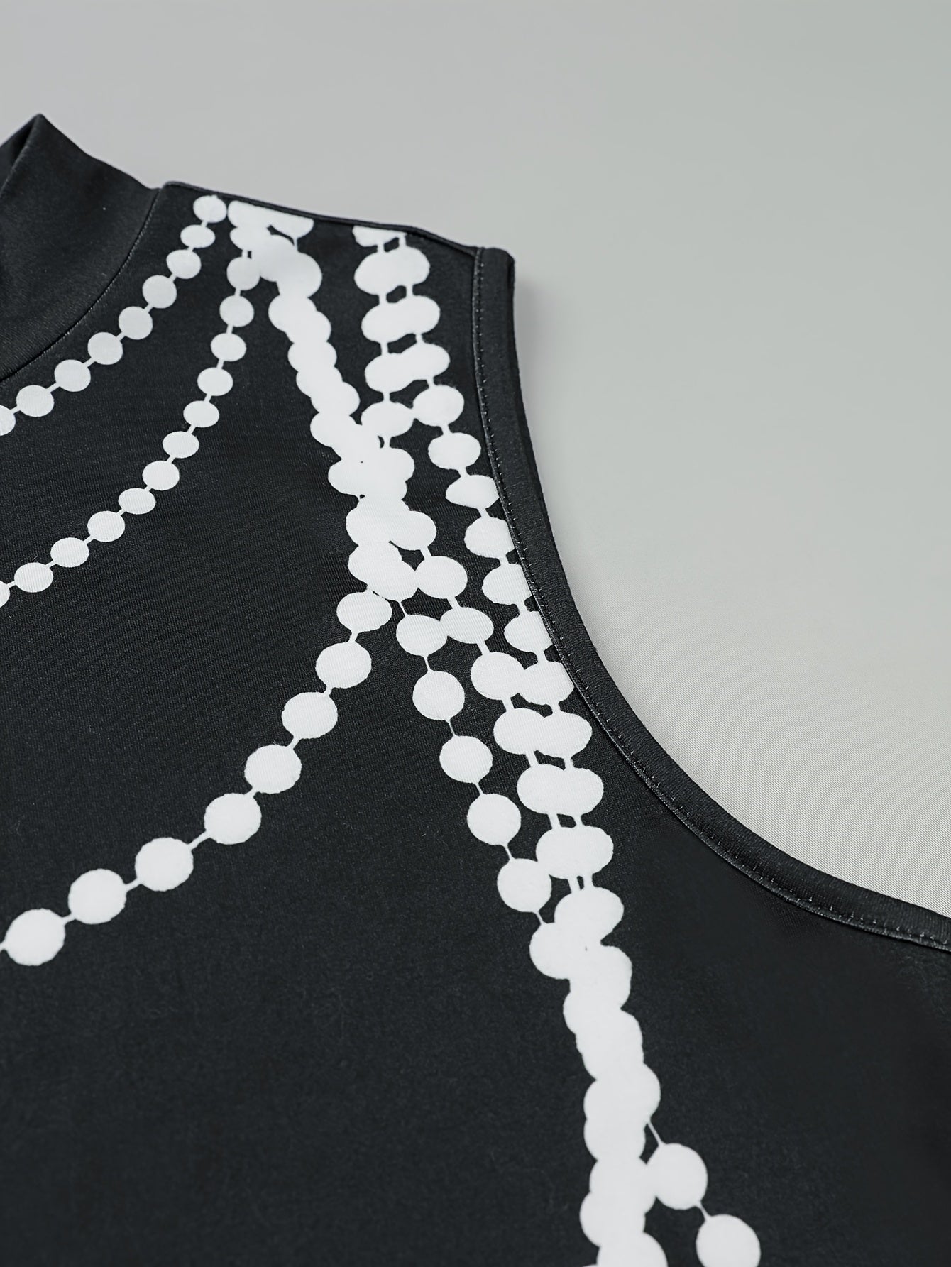 SPECHIR Women's Sleeveless Bodycon Midi Dress - Black with White Pearl & Chain Fringe Detail, High Neckline, Stretchy Polyester-Spandex Blend, Casual Spring/Summer Wear