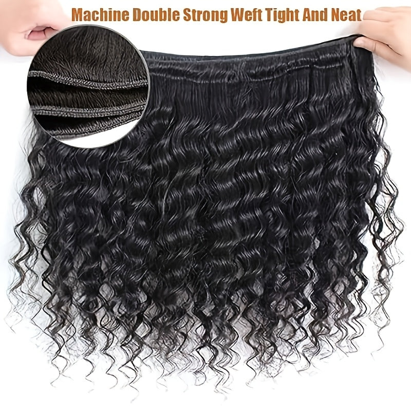 Human Hair Deep Wave Human Hair Bundles With 4*4 Lace Closure, 100% Unprocessed Brazilian Virgin 4x4 HD Lace Closure 180 Density With Deep Wave Hair Bundles, Natural Black Modern Fashion For Black Women
