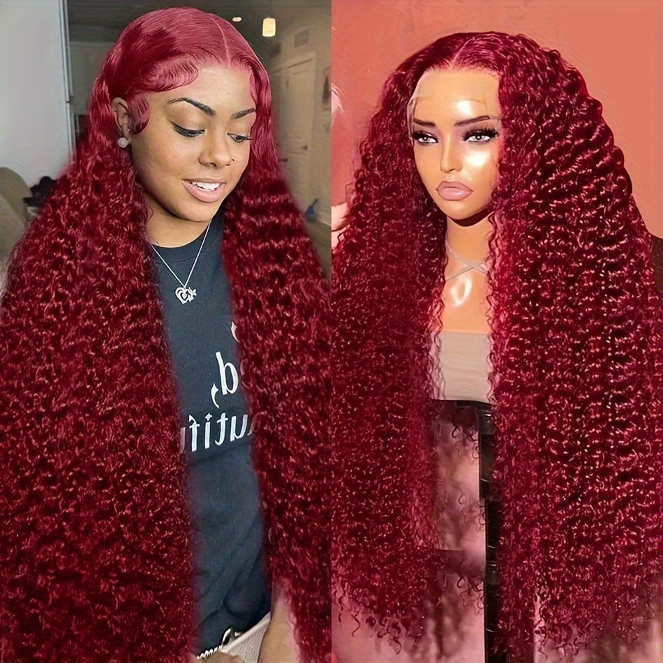 New Year's Special Offer 99j Burgundy Lace Front Wigs Human Hair 30 Inch 200 Density Water Wave Lace Front Wigs Human Hair Pre Plucked Red Curly Human Hair Wig 13x4 HD Frontal Glueless Colored Wet And Wavy Loose Water Wave