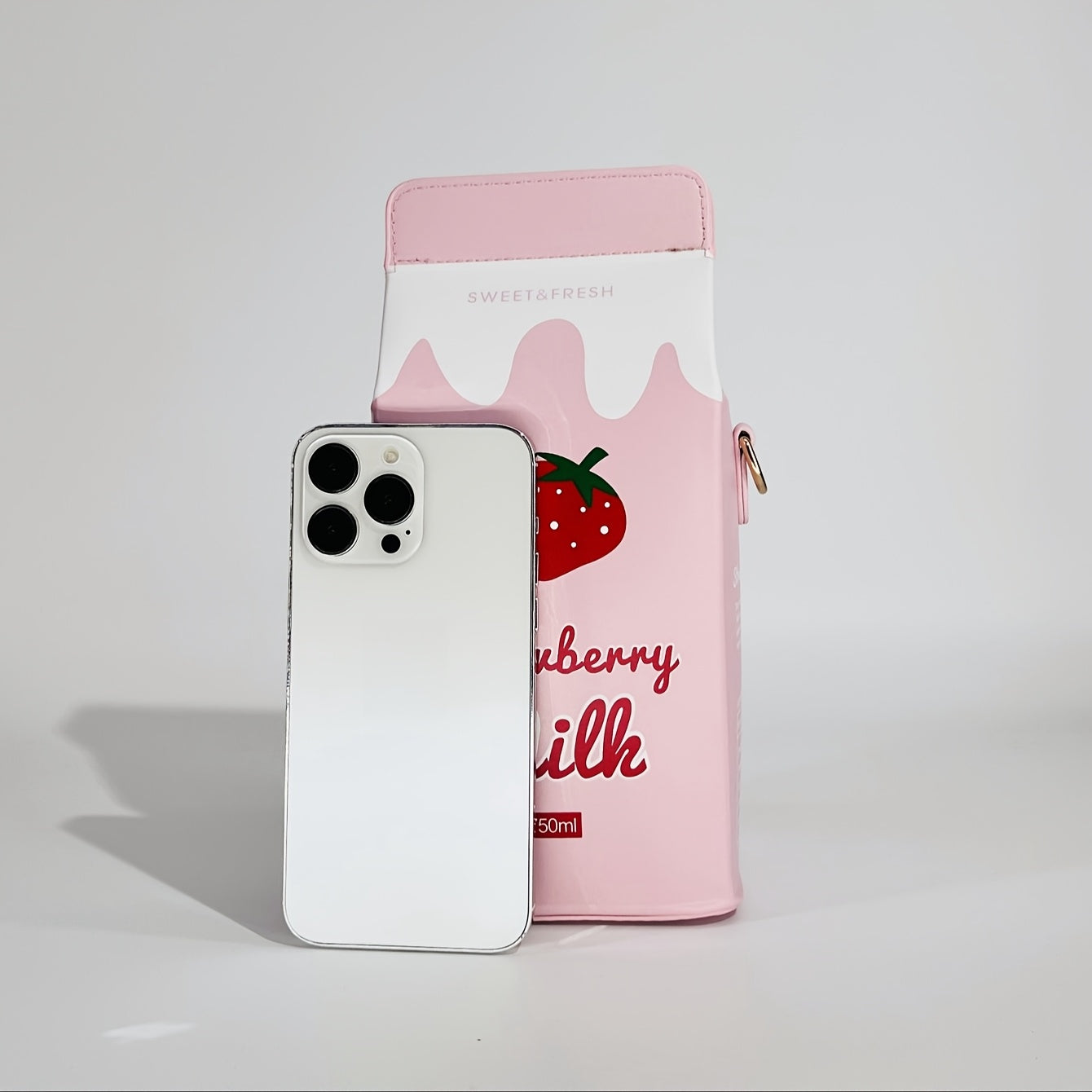 Unique, Chic Milk Carton-Shaped Crossbody Bag with Cow & Letter Print, Adjustable Strap, Zip Closure - Perfect for Travel & Everyday Use, Pink Faux Leather, Girl, Strawberry Pattern