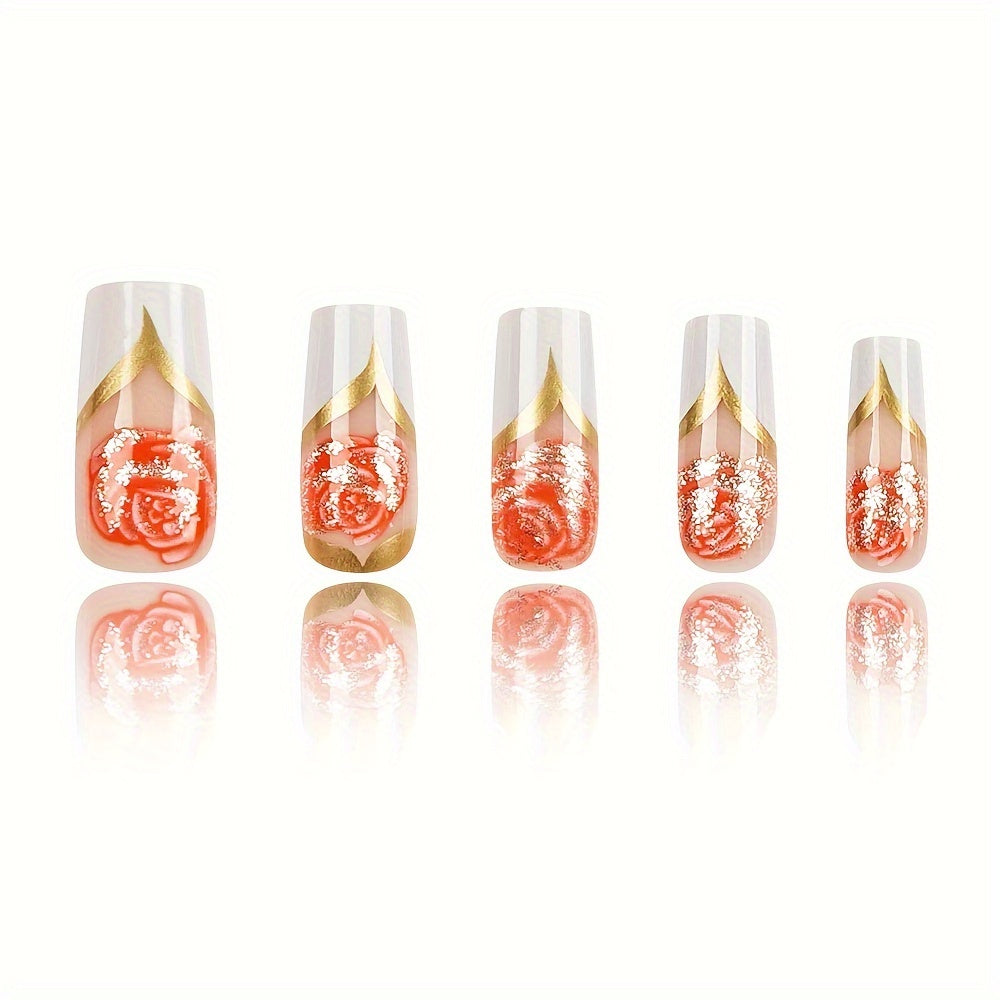 48pcs Bright Ballet Wind Pressure Acrylic Nails, Pink Flowers And Golden Stripe Design-Reusable, Ladies' Shiny Fake Nails Is Suitable As a Beautiful Gift for Each Other on Valentine'S Day.