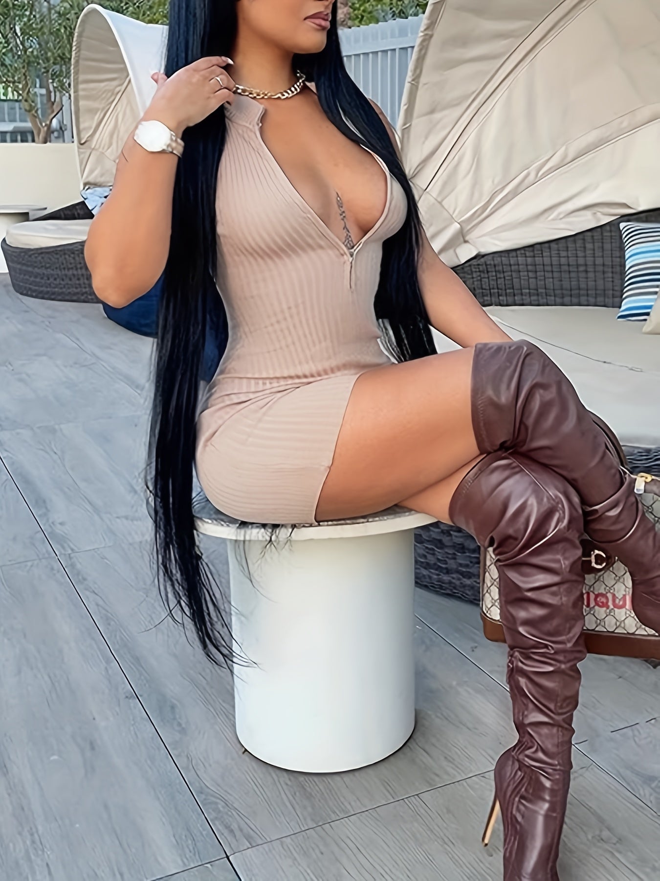 Women's Sexy Ribbed Sleeveless Zip-Up Romper - V-Neck, Stretchy Polyester Blend, Machine Washable, All-Season Bodycon Jumpsuit for Adults, Allseason Wear | Vneck Dress | Ribbed Texture