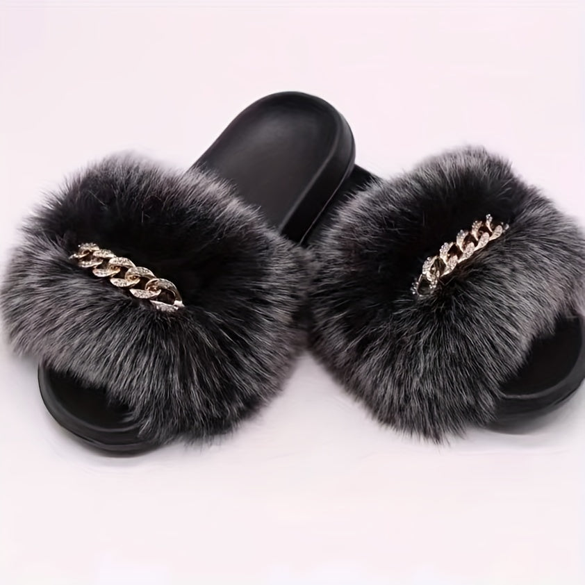 Women's Faux Fur Slip-On Sandals - Open-Toe Summer Slide Shoes with Back Strap, Plush Comfort & Elegant Design for Casual Outings, Beach, Lounging