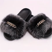Women's Faux Fur Slip-On Sandals - Open-Toe Summer Slide Shoes with Back Strap, Plush Comfort & Elegant Design for Casual Outings, Beach, Lounging