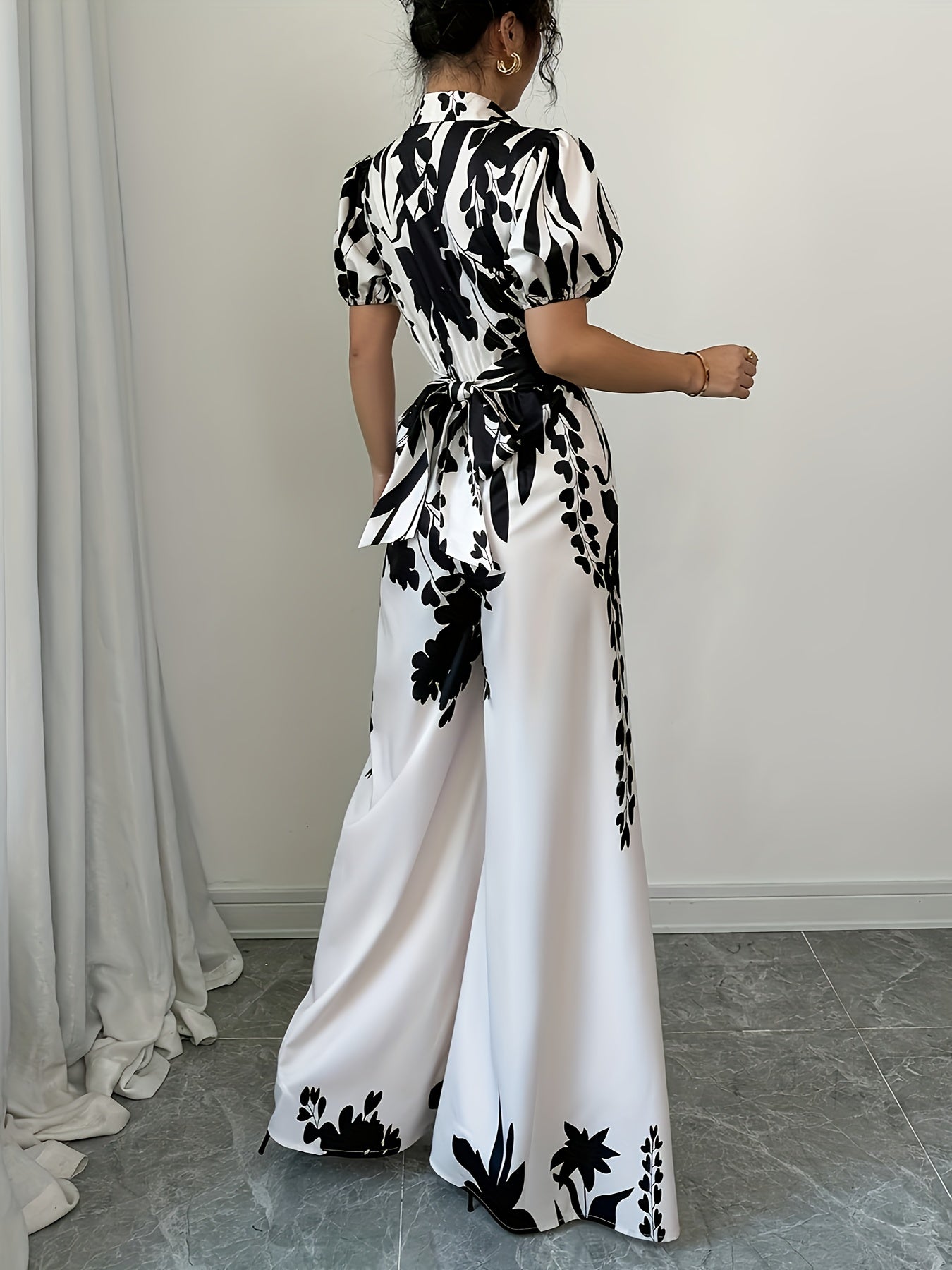 Elegant Floral Print Short Sleeve Long Palazzo Culottes with Belt for Adult, Going Out, Spring/Summe