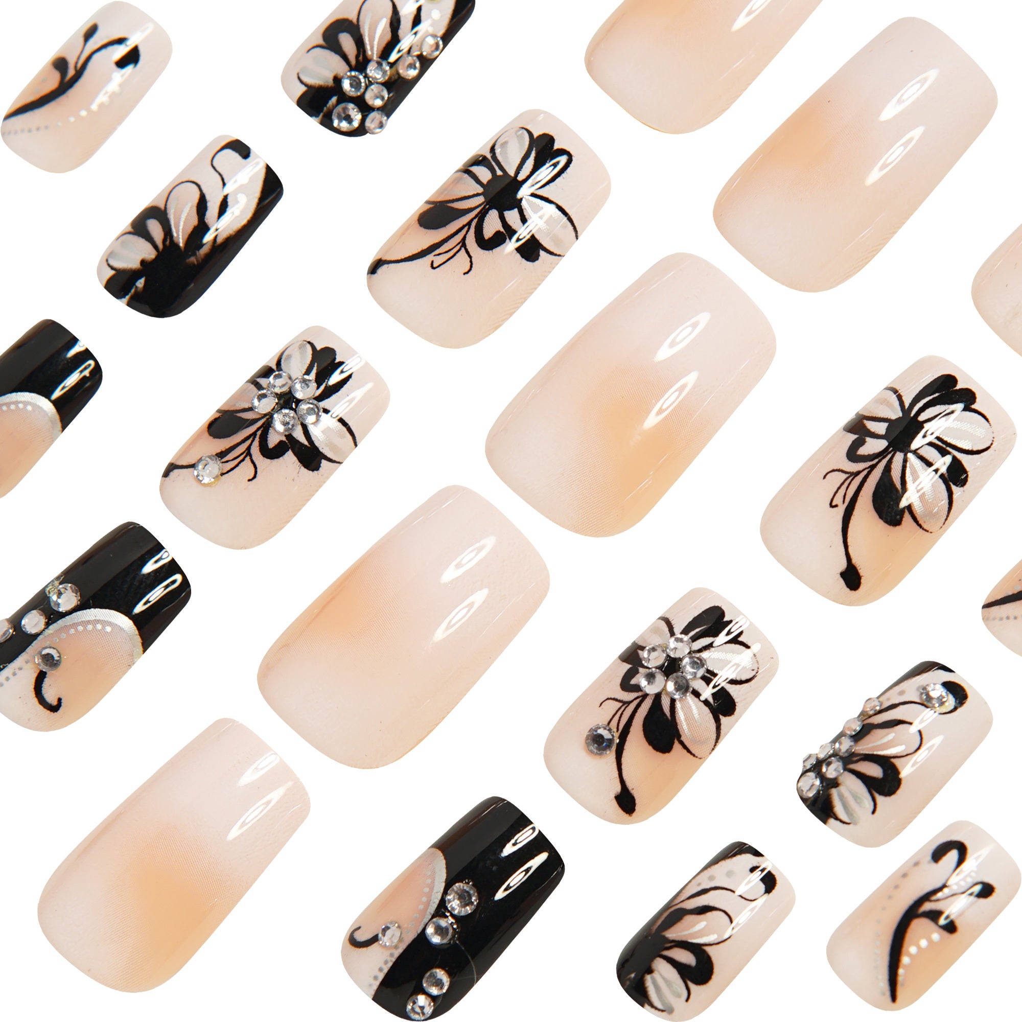 24pcs Elegant Black & White Floral Stripe Press-On Nails Set with Sparkling Rhinestones - Glossy Finish, Square Shape, Medium Length - Includes Jelly Glue & Nail File, Ideal for Fashion-Forward Women and Girls, Nail Art Charm