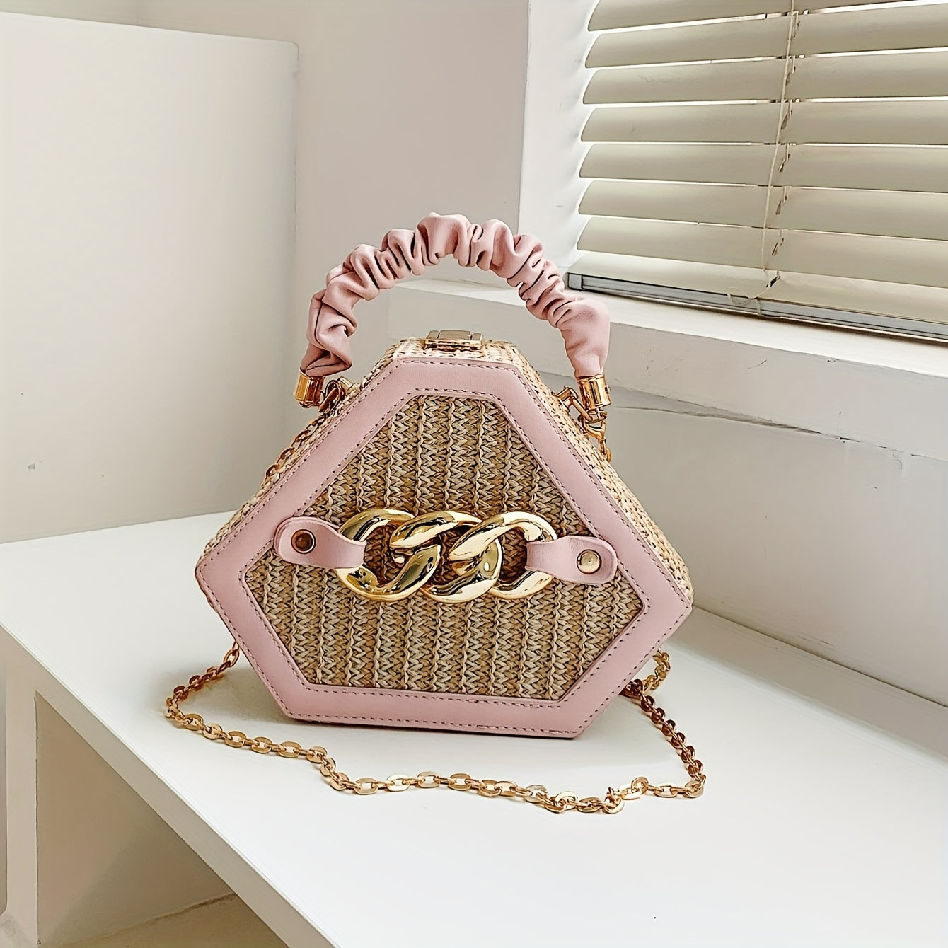 Fashion Niche Shaped Satchel Bag, Chain Decor Straw Design Chain Bag, Mini Top Ruched Strap Handbag