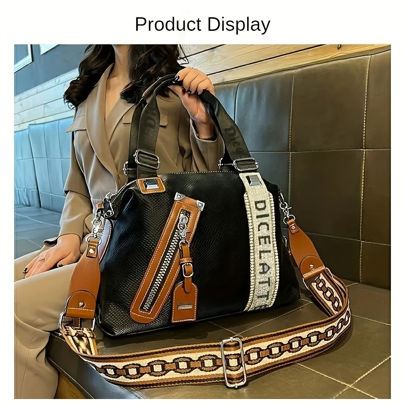 Elegant Retro Faux Leather Handbag for Women - Large Capacity Crossbody Bag with Adjustable Strap, Zip Closure, and Stylish Contrast Detailing in Black & White