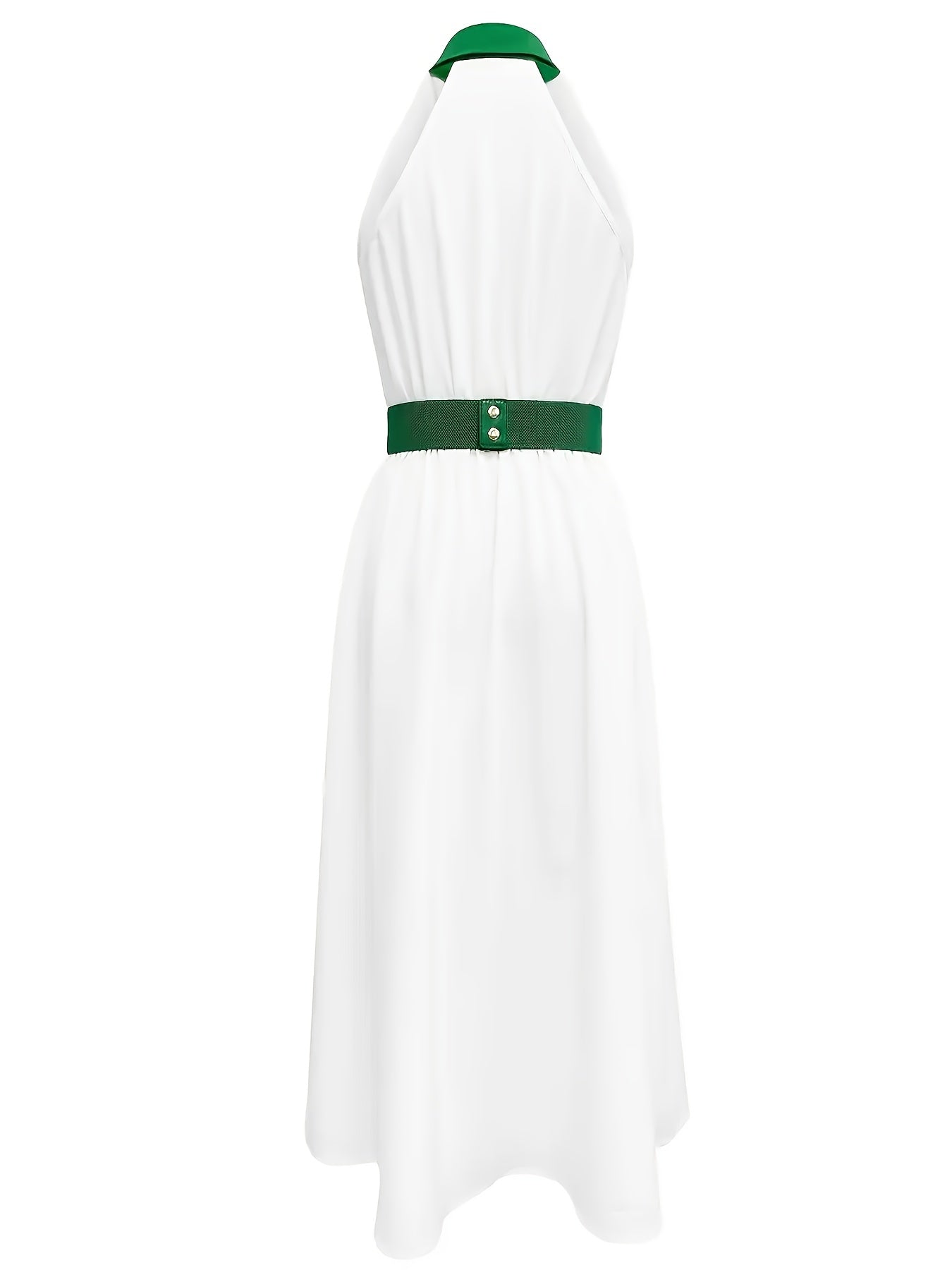 Women's Elegant White & Green V-Neck Dress with Adjustable Waist Tie Belt - Pencil Skirt Silhouette, Structured Non-Stretch Fabric, Machine Washable for All-Season Wear, Stylish Occasion Wear | Sophisticated Fashion | Stylish