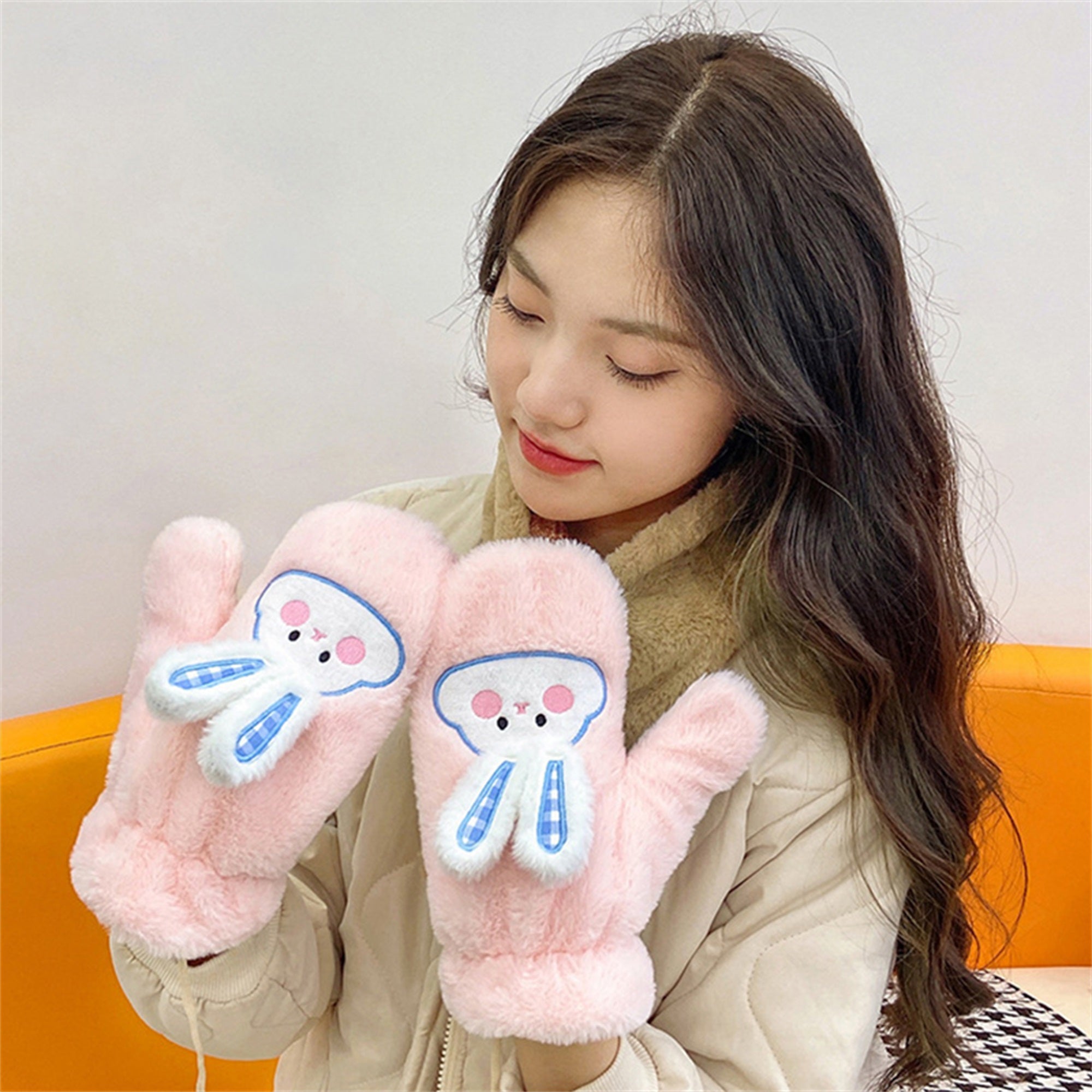 Women's Winter Mittens | Cute Rabbit Design Fleece Gloves | Pink Cotton Blend with Bunny Ears and Face | Plush Warmth for Cold Weather | Non-Stretch, Hand Washable | Cozy Outdoor Accessory