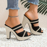 Shimmering Sequined Platform Sandals - Comfortable Double Bands, Stylish Slides for Summer - Dazzling Chunky Heels, Ideal for Music Festival Outfits
