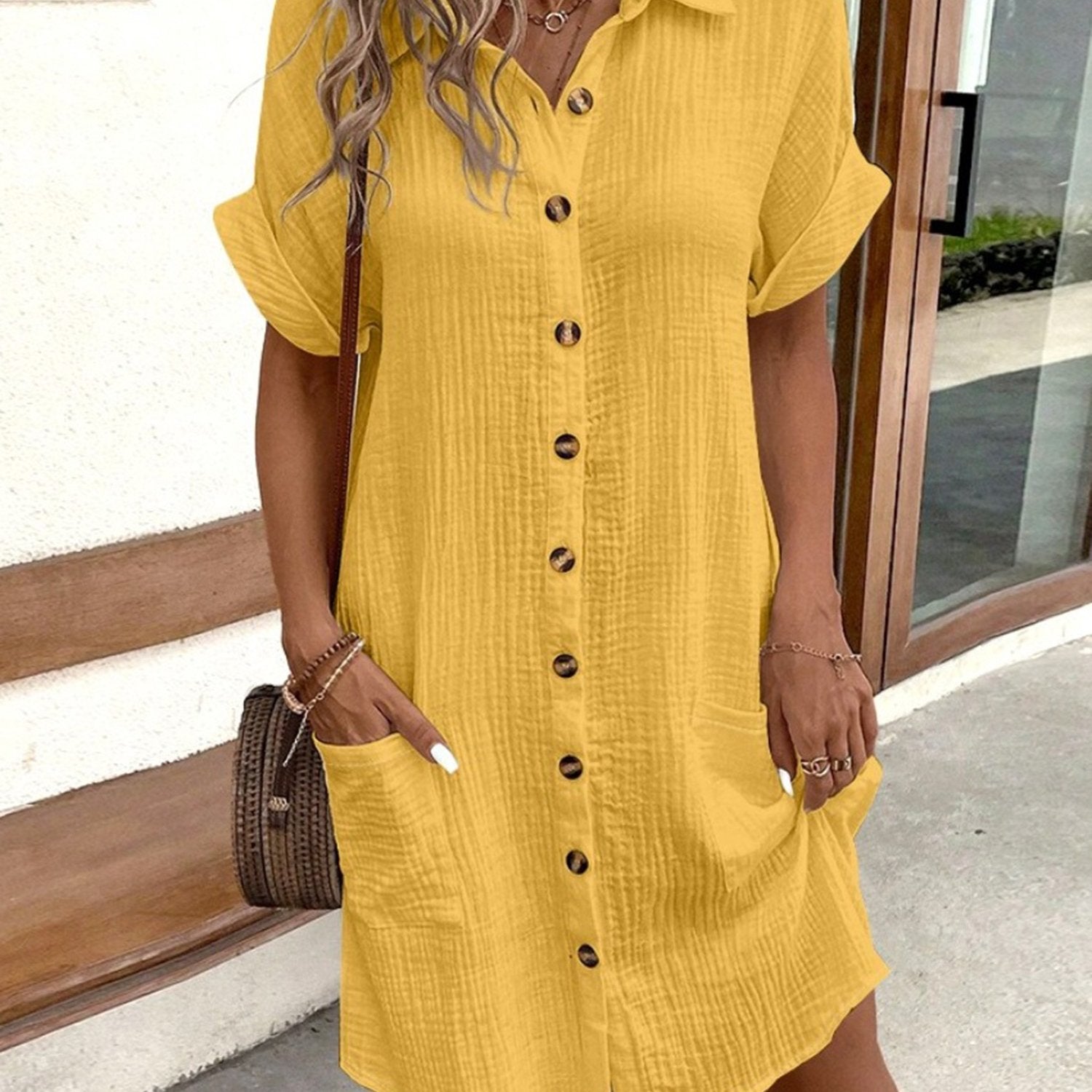 Women'S Summer Mini Dress Short Sleeve Lapel Collar Button Front Dress with Pockets Casual Beach Shirt Style Dress Lightweight Tie Waist