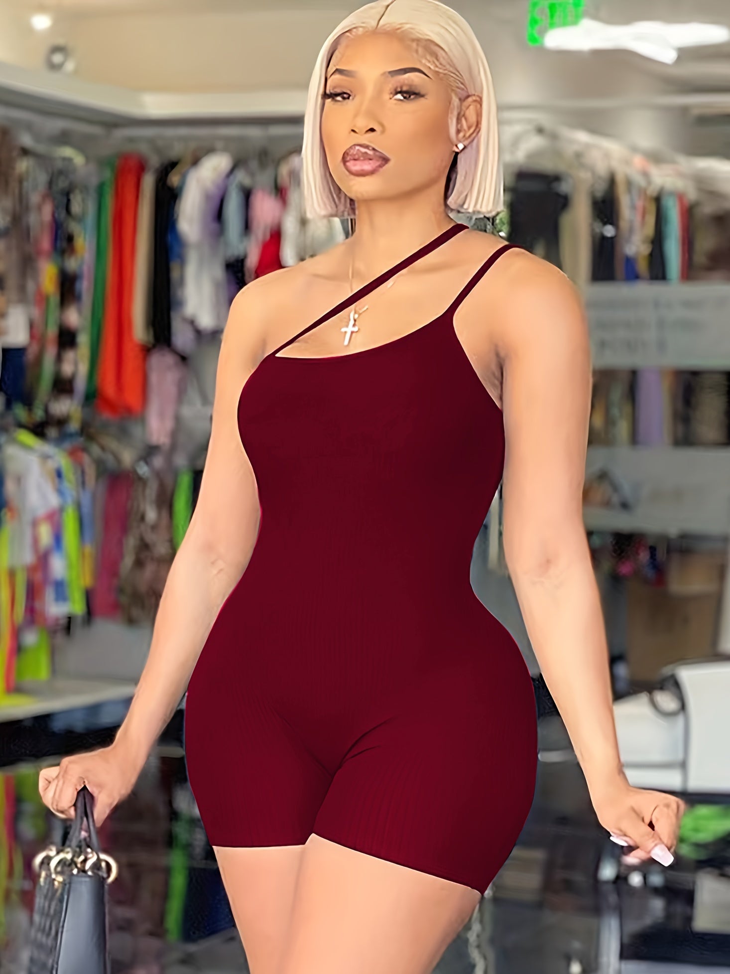 Solid One Shoulder Slim Romper Jumpsuit - Sexy Sleeveless Design - For Women - Perfect for Parties & Night Out - Stylish Gift for Fashionable Ladies